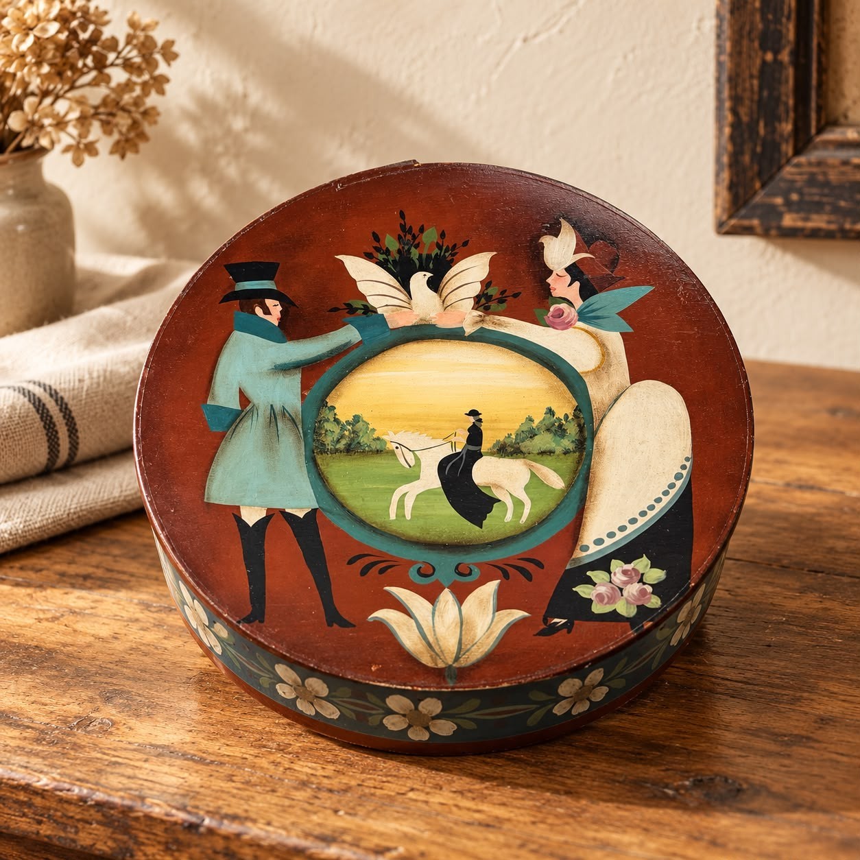 Vintage Hand Painted Folk Art Bride’s Box Fabric Lined Signed 13” Round