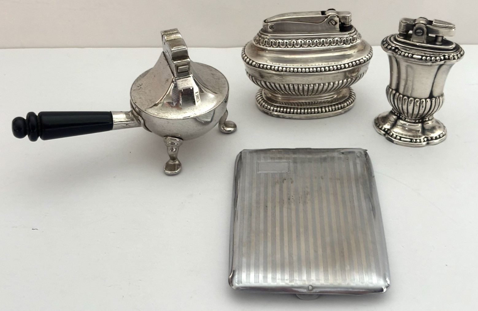 Vtg Lot of 3 Silver Metal Table Cigarette Lighters and Cigarette Holder/Case Vtg Lot of 3 Silver Metal Table Cigarette Lighters and Cigarette Holder/Case
