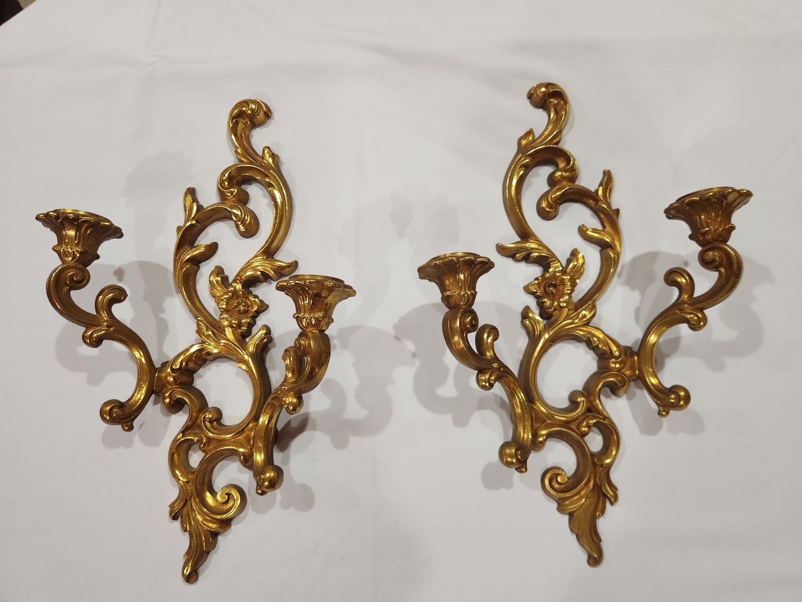 Two Vintage Syroco Hollywood Regency Gold Wall Sconces Candle Holders MCM