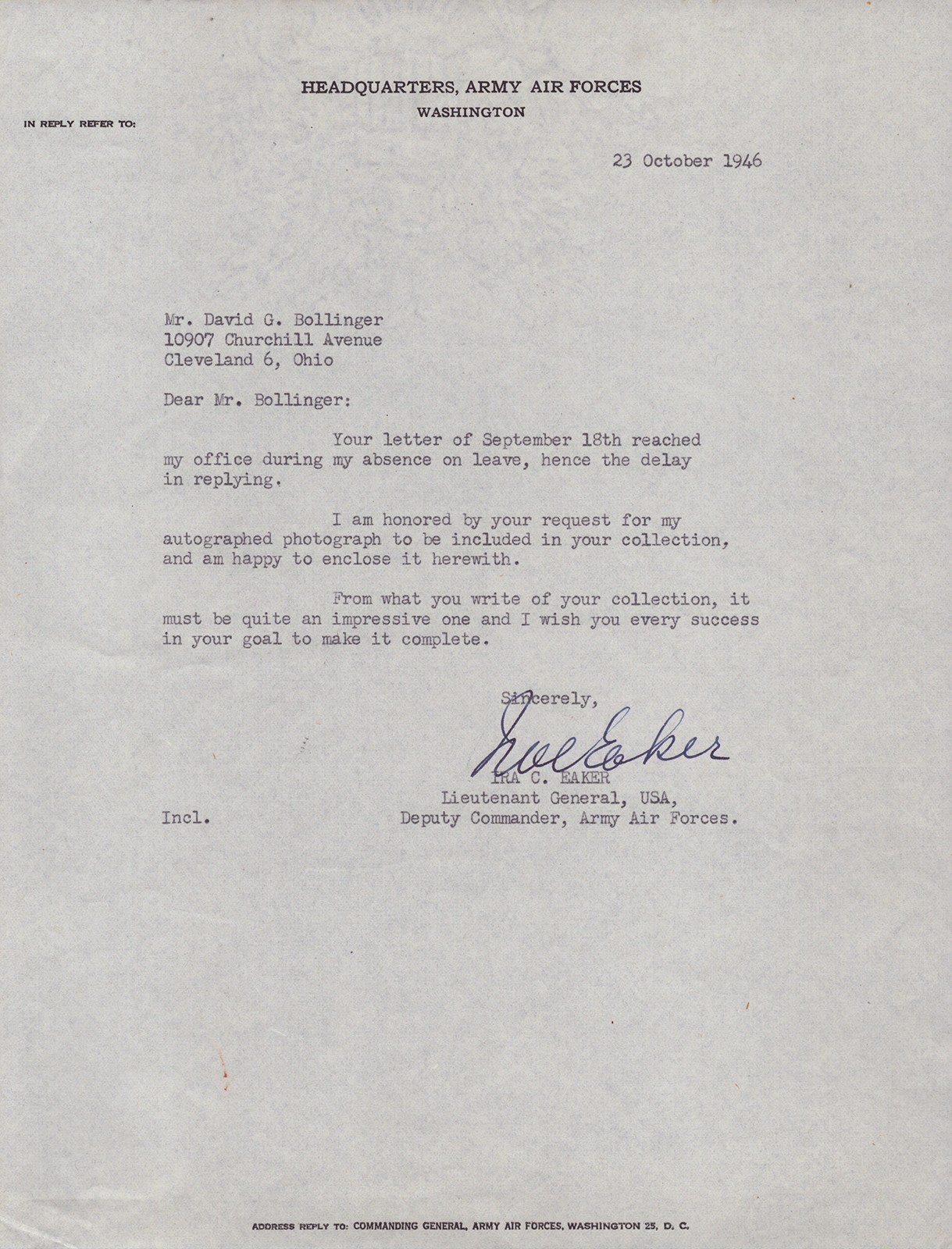 IRA C. EAKER - TYPED LETTER SIGNED 10/23/1946 IRA C. EAKER - TYPED LETTER SIGNED 10/23/1946