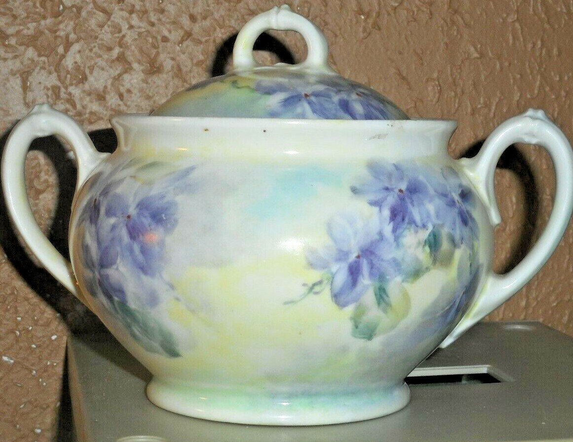 M&Z SUGAR BOWL WITH PURPLE FLOWERS TWO HANDLES WITH ORIGINAL LID NICE Antique M&Z SUGAR BOWL WITH PURPLE FLOWERS TWO HANDLES WITH ORIGINAL LID NICE Antique
