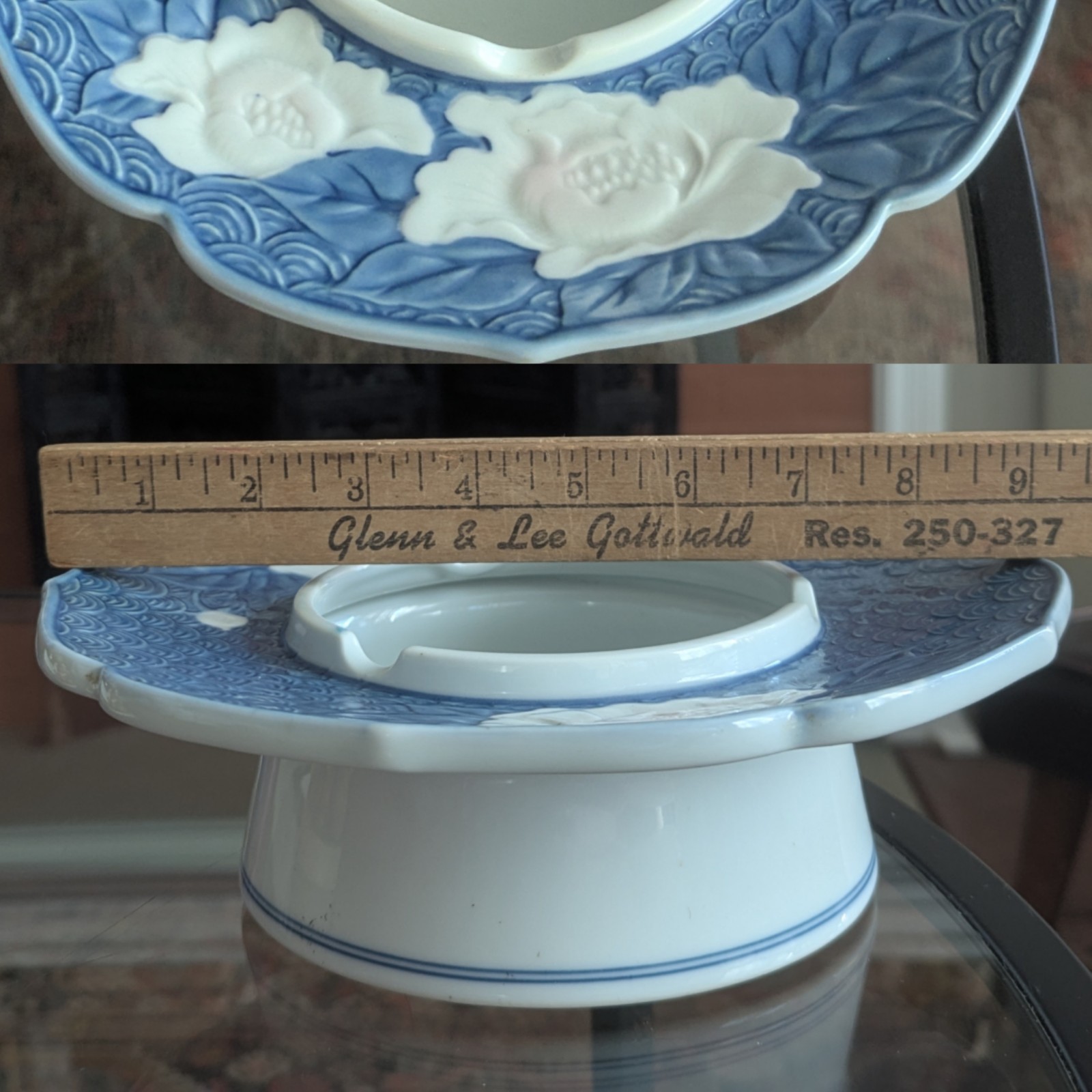Vtg Blue & White Flower Art Old Chinese Pipe Raised Signed Ashtray Chinoiserie Vtg Blue & White Flower Art Old Chinese Pipe Raised Signed Ashtray Chinoiserie