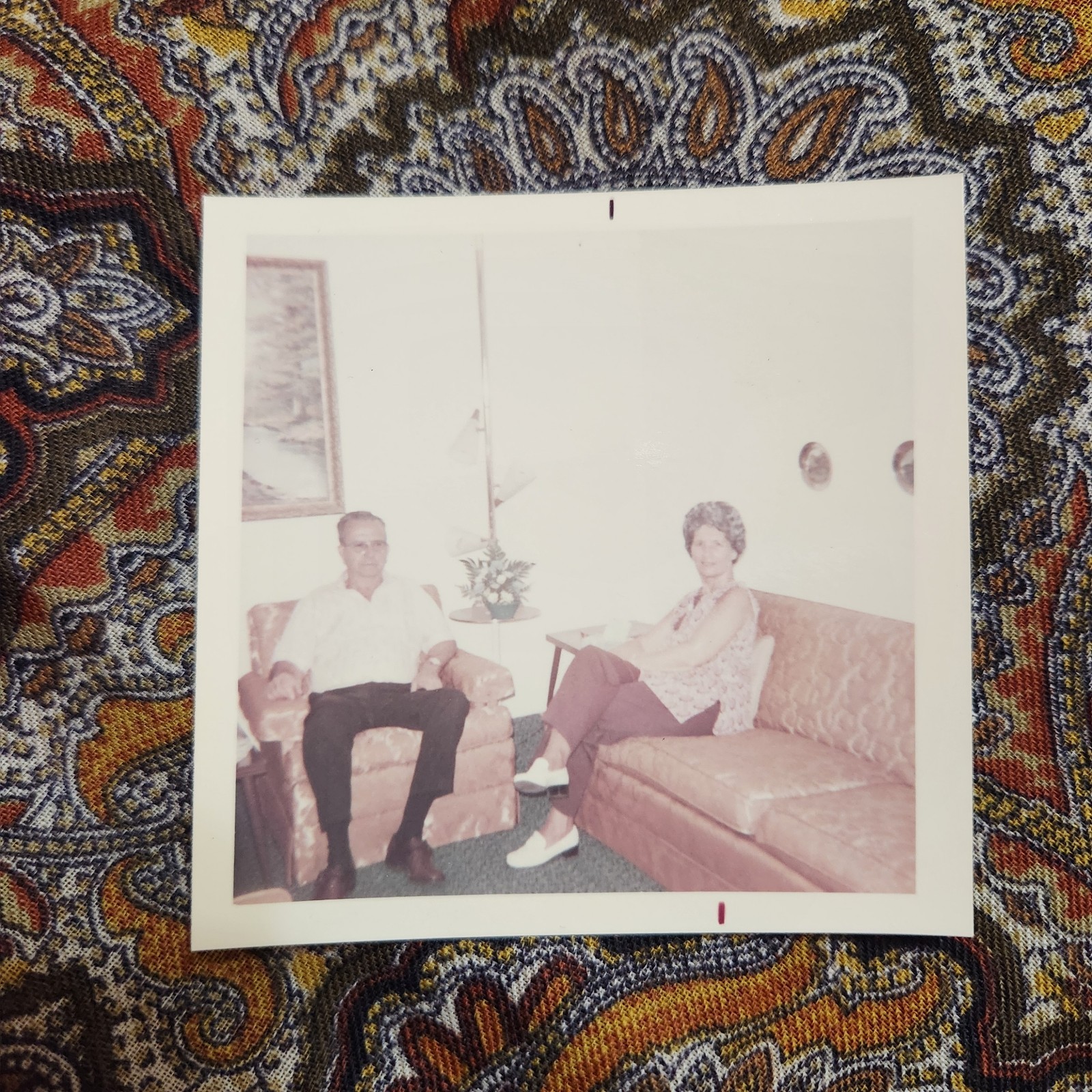 VTG 1970s Color Snapshot Photo Old Couple Portrait Living Room