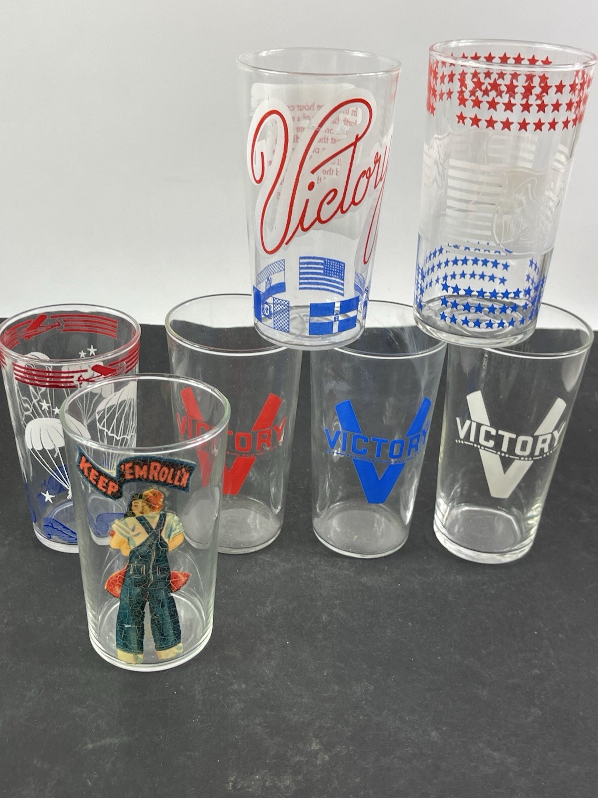 Vintage WWII 1942 Victory Glasses Tumblers , Collection Of 7 , Keep Em' Rollin' Vintage WWII 1942 Victory Glasses Tumblers , Collection Of 7 , Keep Em' Rollin'
