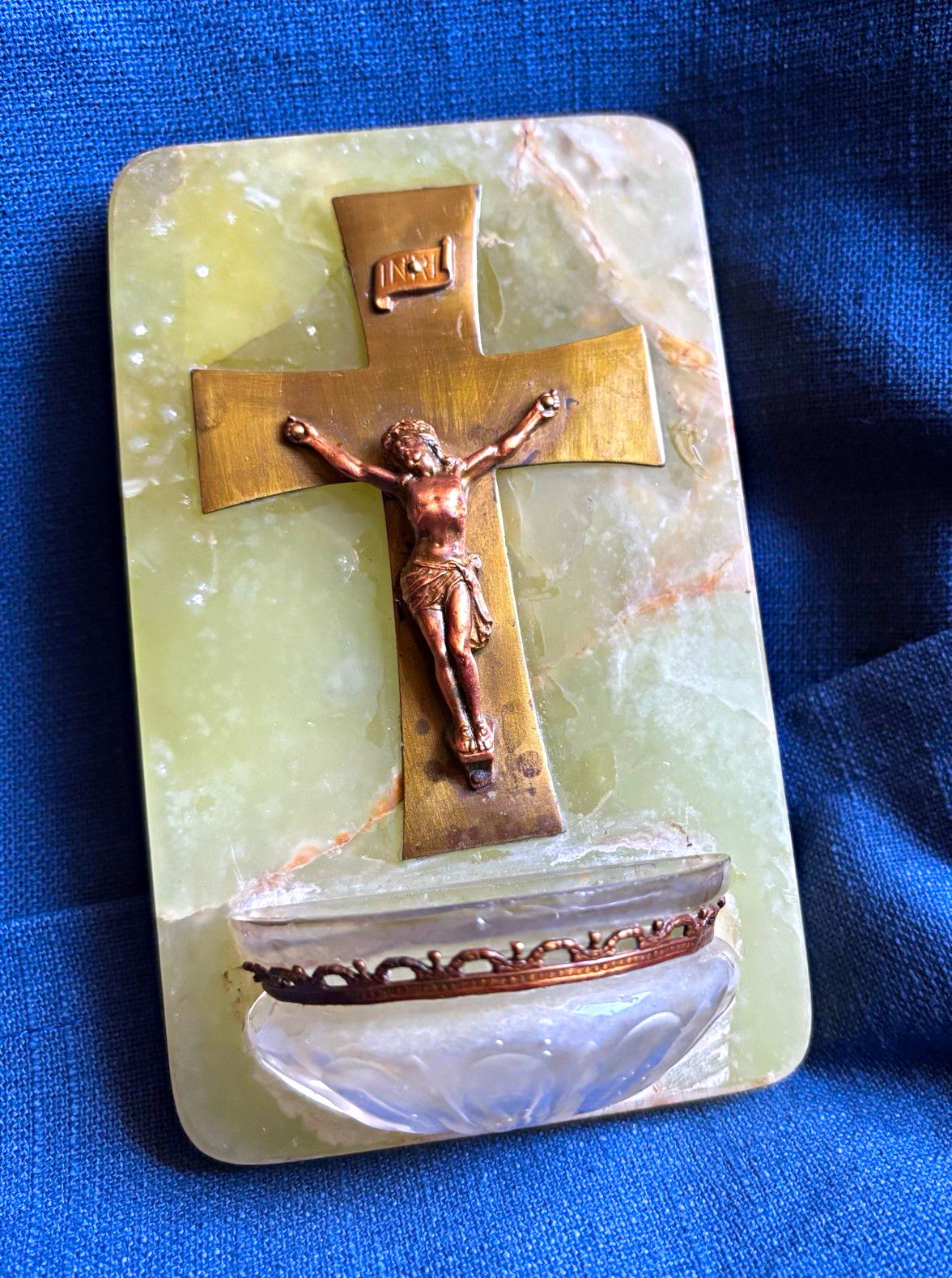 antique French holy water font, known as a bénitier, featuring a green onyx back antique French holy water font, known as a bénitier, featuring a green onyx back