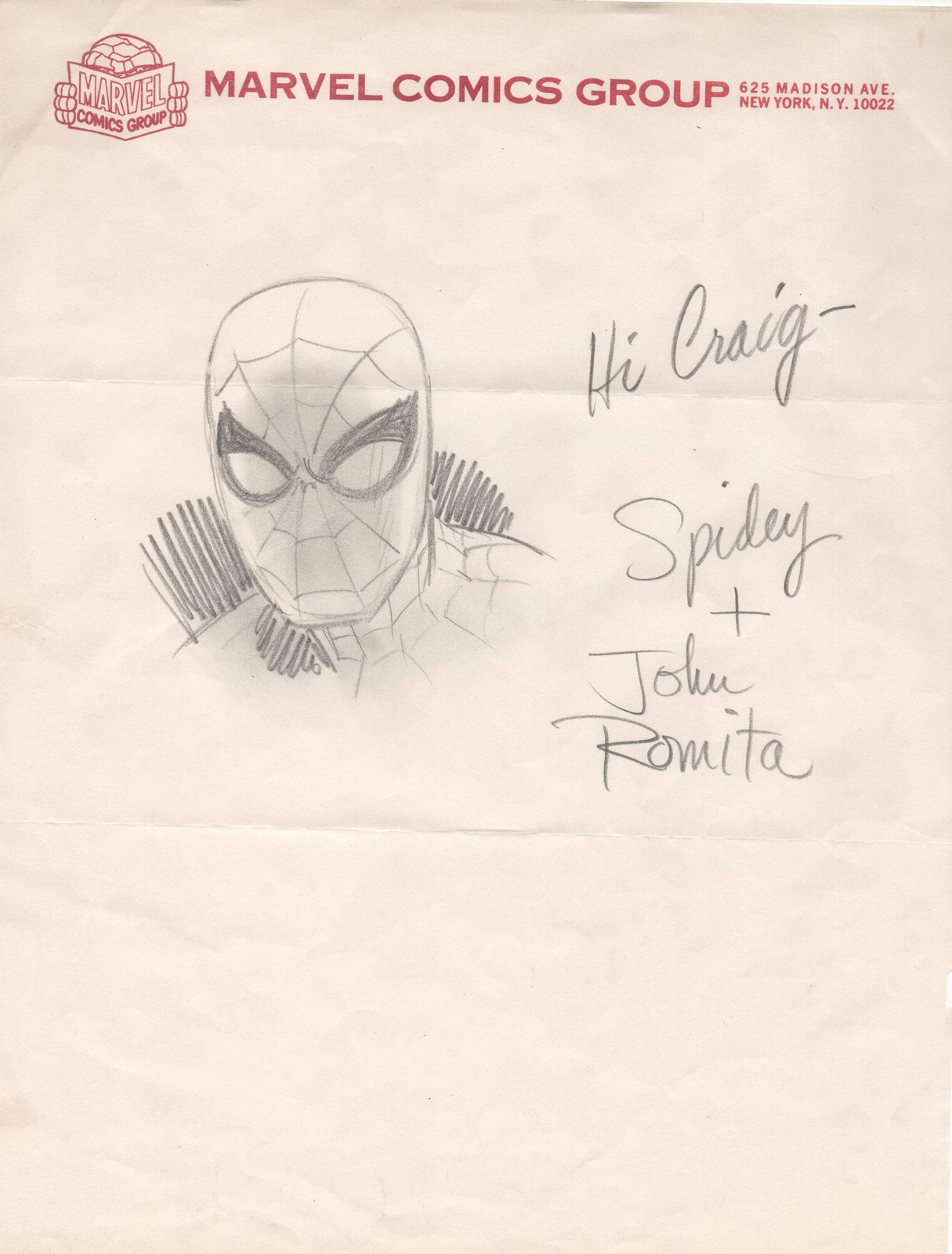 JOHN ROMITA SR SPIDER-MAN ORIGINAL COMIC ART VINTAGE MARVEL LETTERHEAD JOHN ROMITA SR SPIDER-MAN ORIGINAL COMIC ART VINTAGE MARVEL LETTERHEAD