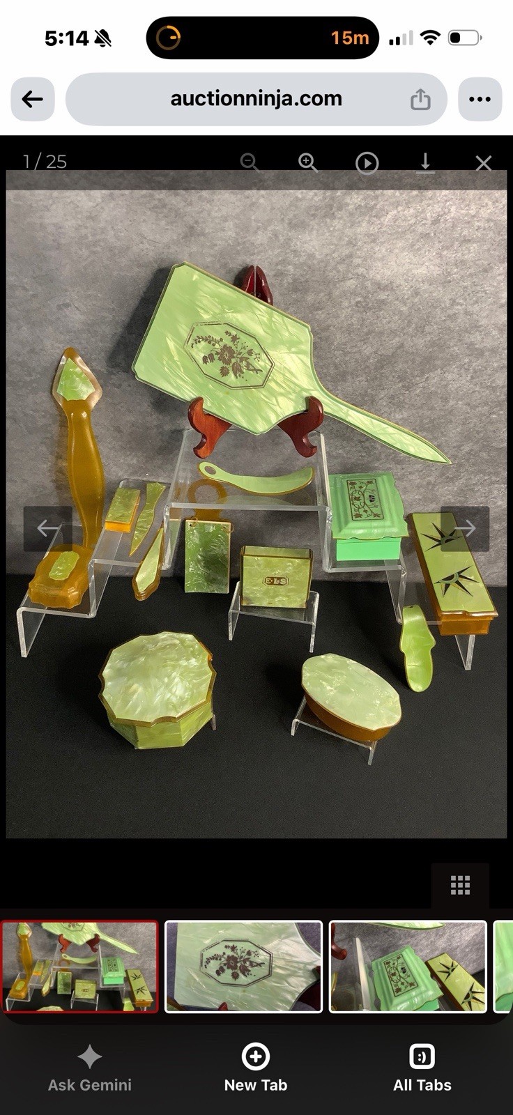 VTG Art Deco Pearlized Green and Celluloid/Bakelite Vanity Dresser Set W Tray