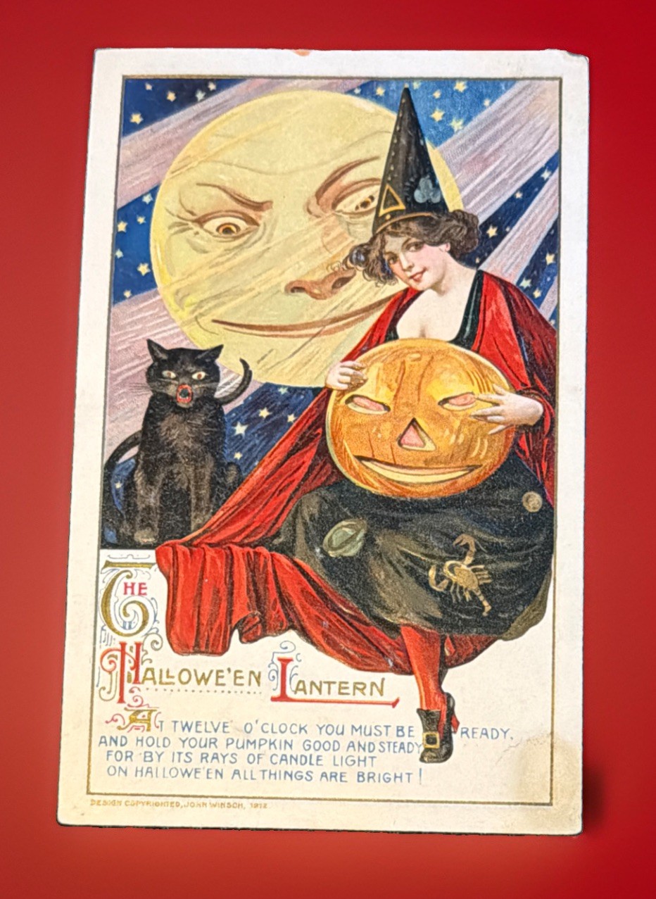 Antique 1912 John Winsch Halloween Postcard Samuel Schmucker Witch Moon Cat JOL Antique 1912 John Winsch Halloween Postcard Samuel Schmucker Witch Moon Cat JOL