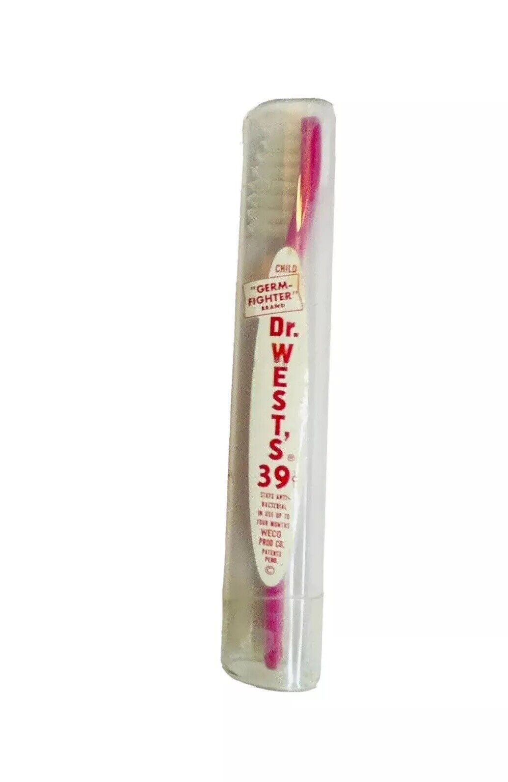 RARE DR. WEST’S GERM FIGHTER TOOTHBRUSH 1940s SEALED GLASS CHILD ANTIBACTERIAL