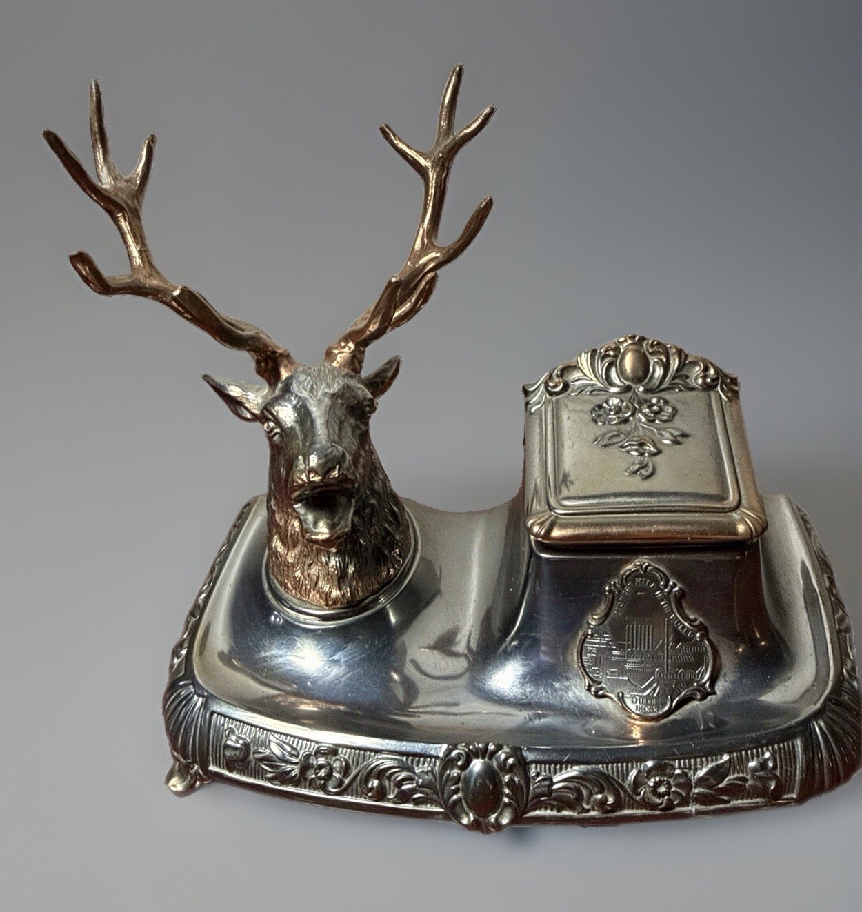 HTF Antique Jennings Brothers Silver Plated Stag Deer Inkwell HTF Antique Jennings Brothers Silver Plated Stag Deer Inkwell