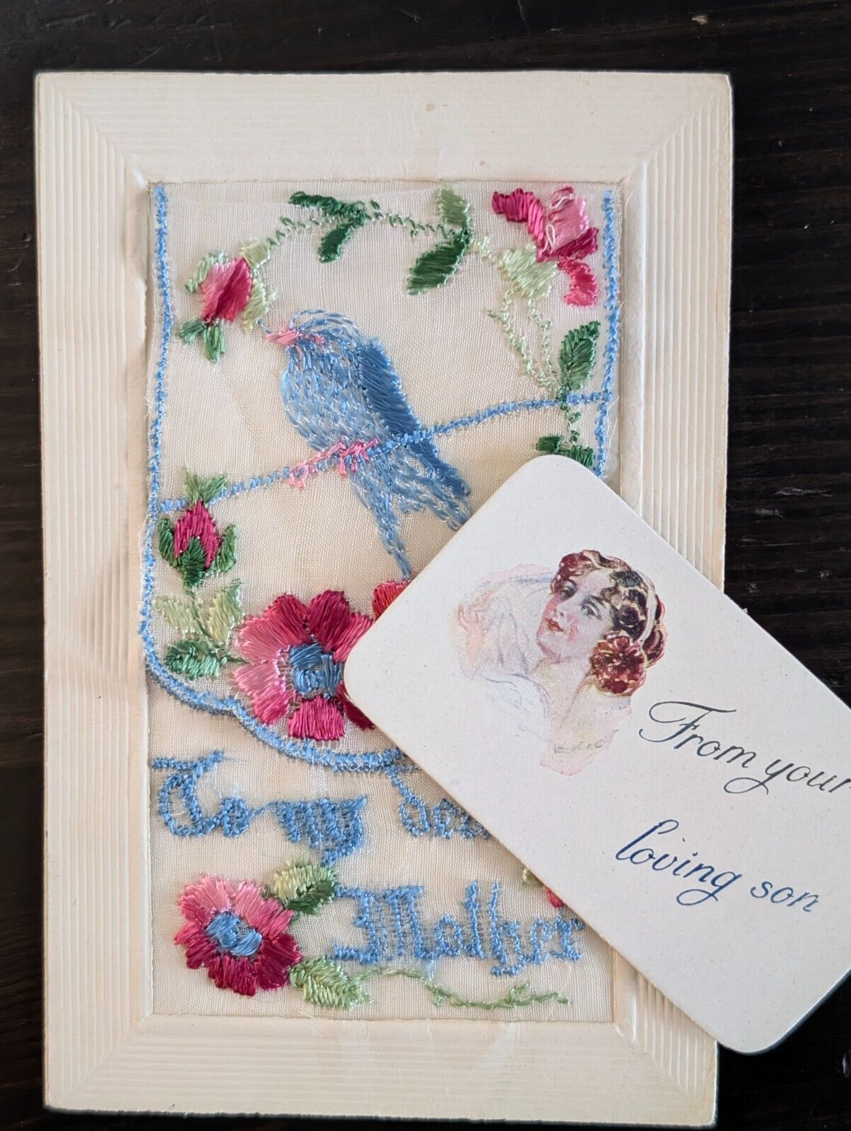 Vintage Silk Embroidered Dear Mother Bluebird Enclosed Note Embossed Border