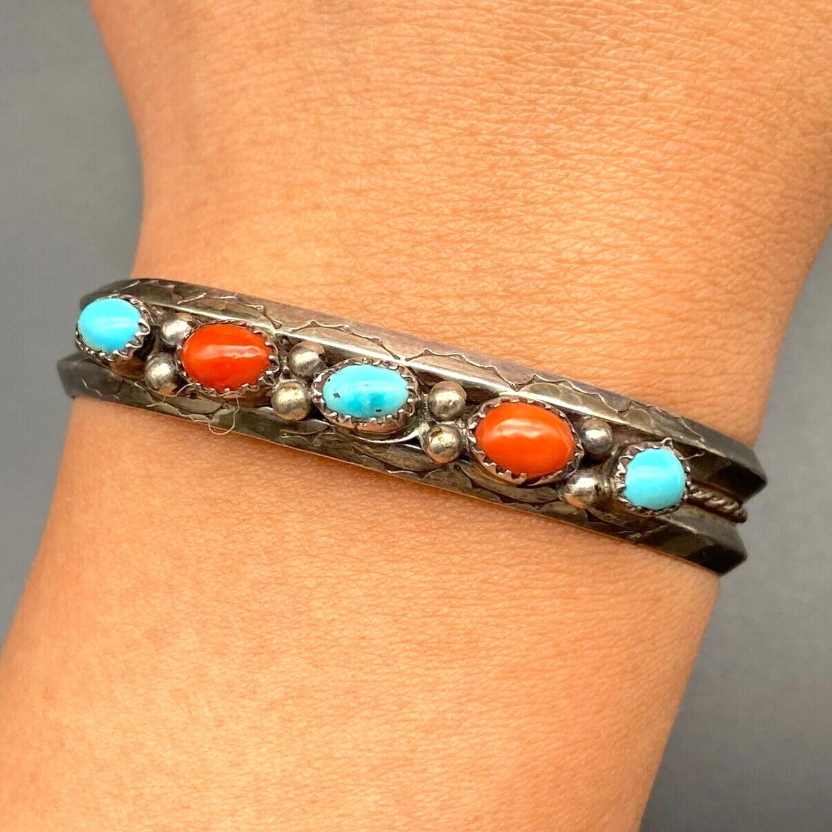 Vintage Navajo Native Turquoise Coral Silver Bracelet Cuff Small 6-3/8" Vintage Navajo Native Turquoise Coral Silver Bracelet Cuff Small 6-3/8"