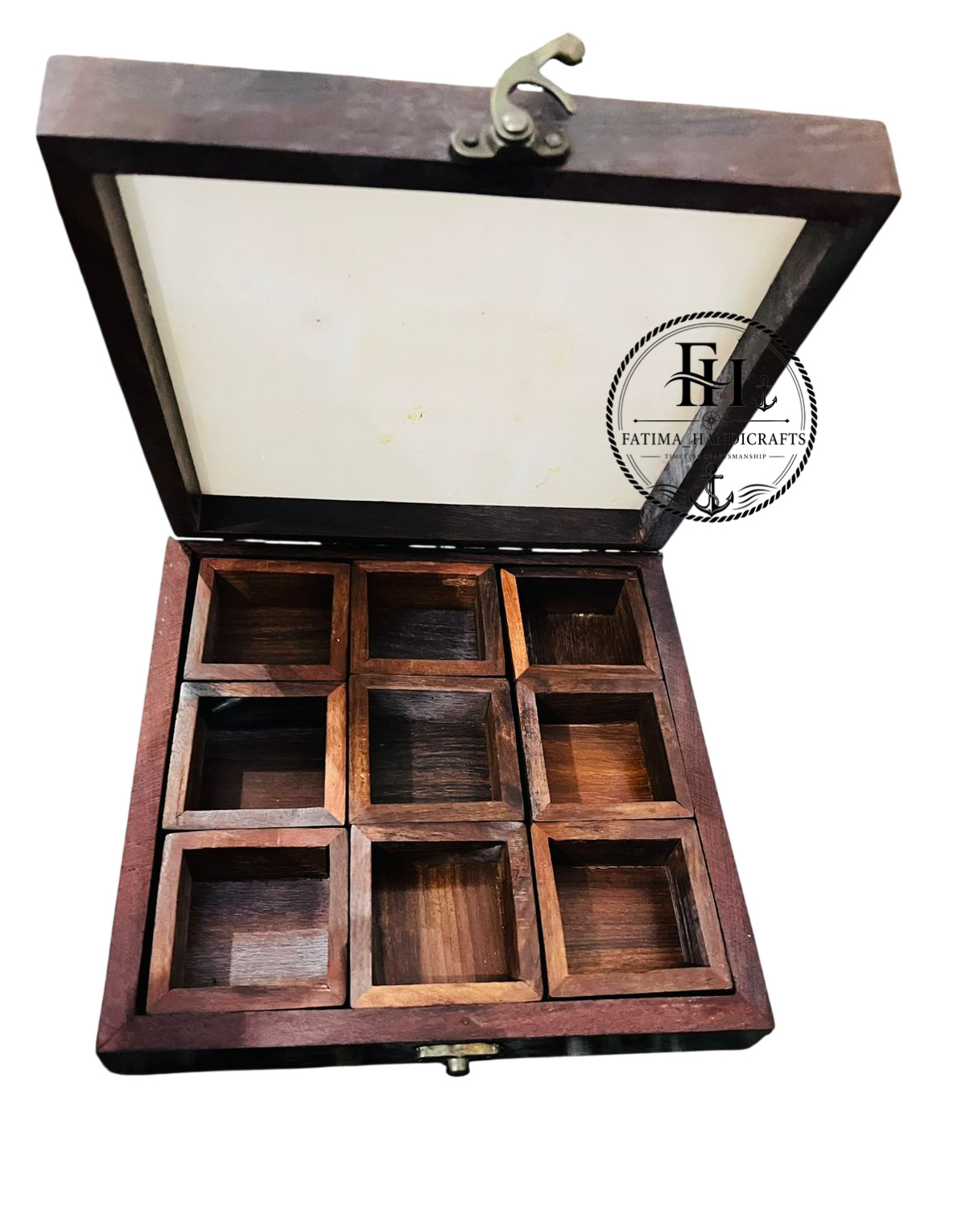FATIMA Vintage Handmade Wooden Spice Box – 9 Compartment Box Thanksgiving Gift FATIMA Vintage Handmade Wooden Spice Box – 9 Compartment Box Thanksgiving Gift