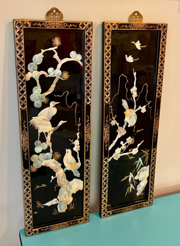 SET OF VINTAGE CHINESE 24" LACQUER WALL PLAQUES w/INLAID MOTHER OF PEARL BIRDS SET OF VINTAGE CHINESE 24" LACQUER WALL PLAQUES w/INLAID MOTHER OF PEARL BIRDS