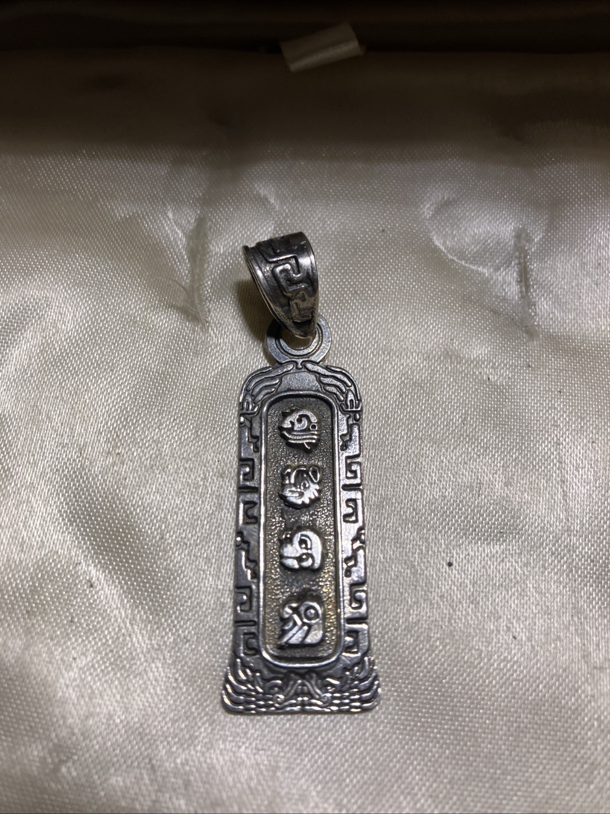 Rare Vintage Aztec Mexican Charm 925 Silver  Cartouche 2” Signed