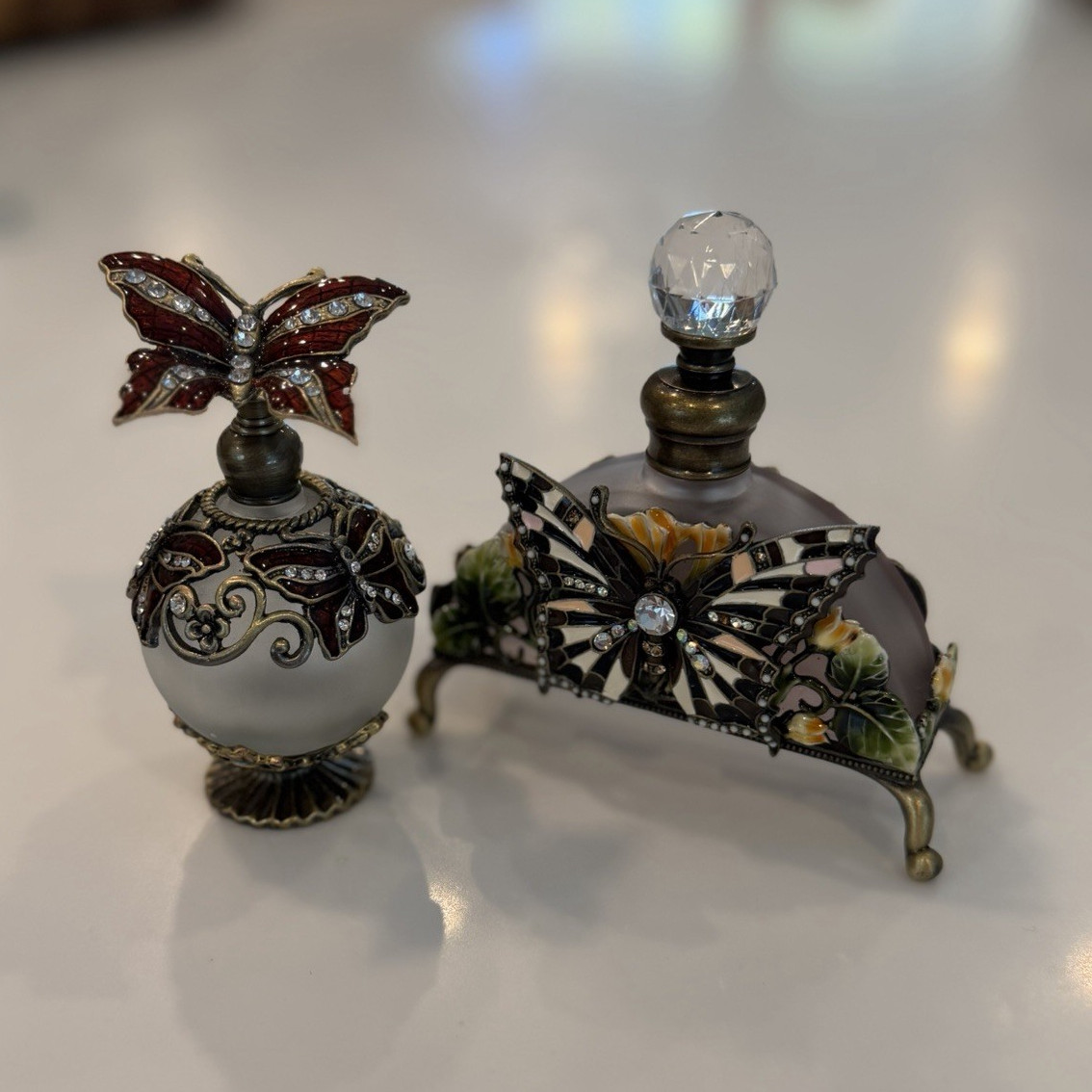 2 Vintage Glass Perfume Bottles w/ Stoppers Butterfly Design