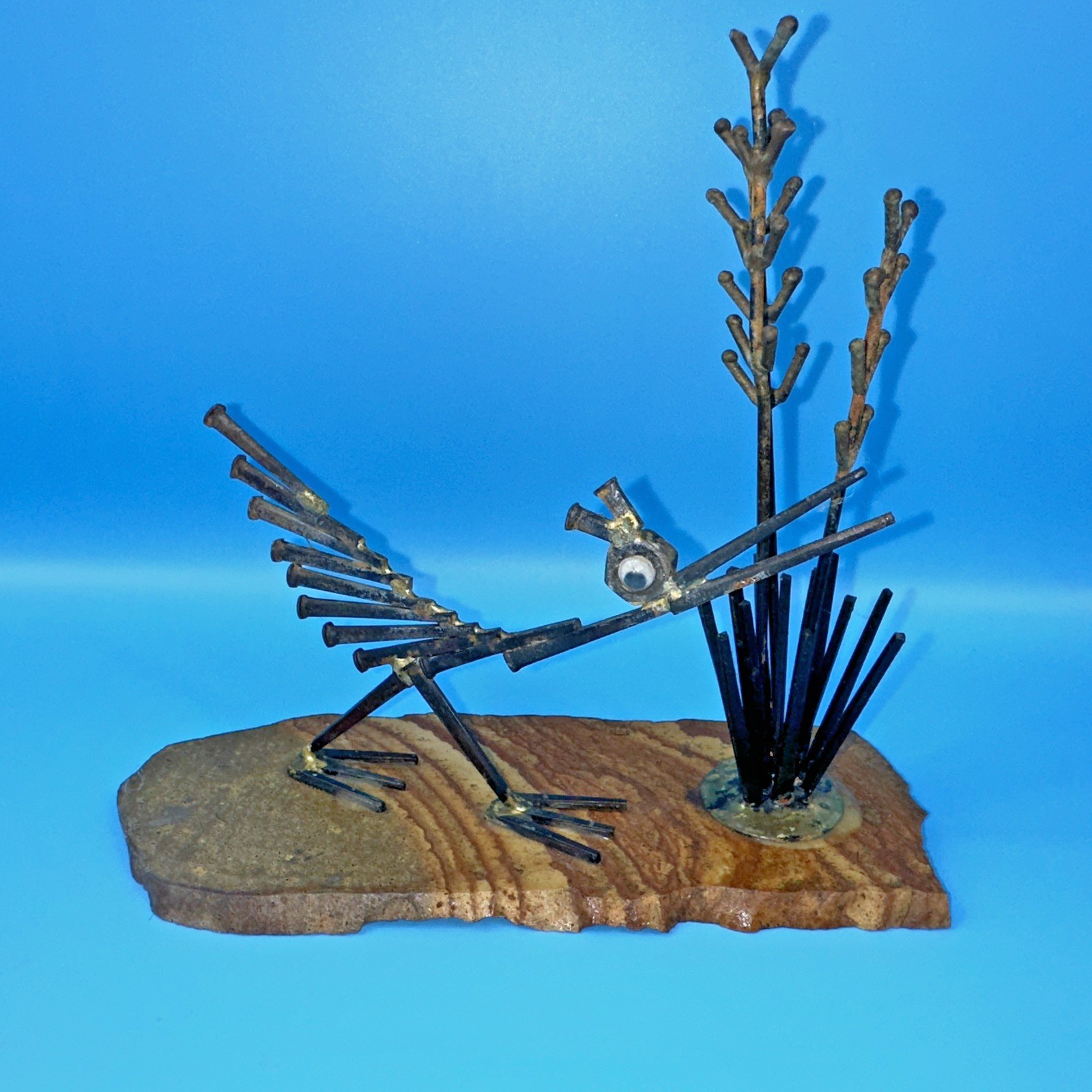 VTG Handcrafted Metal Bird sculpture Stone Base Folk Art Welded Nail Bird Decor