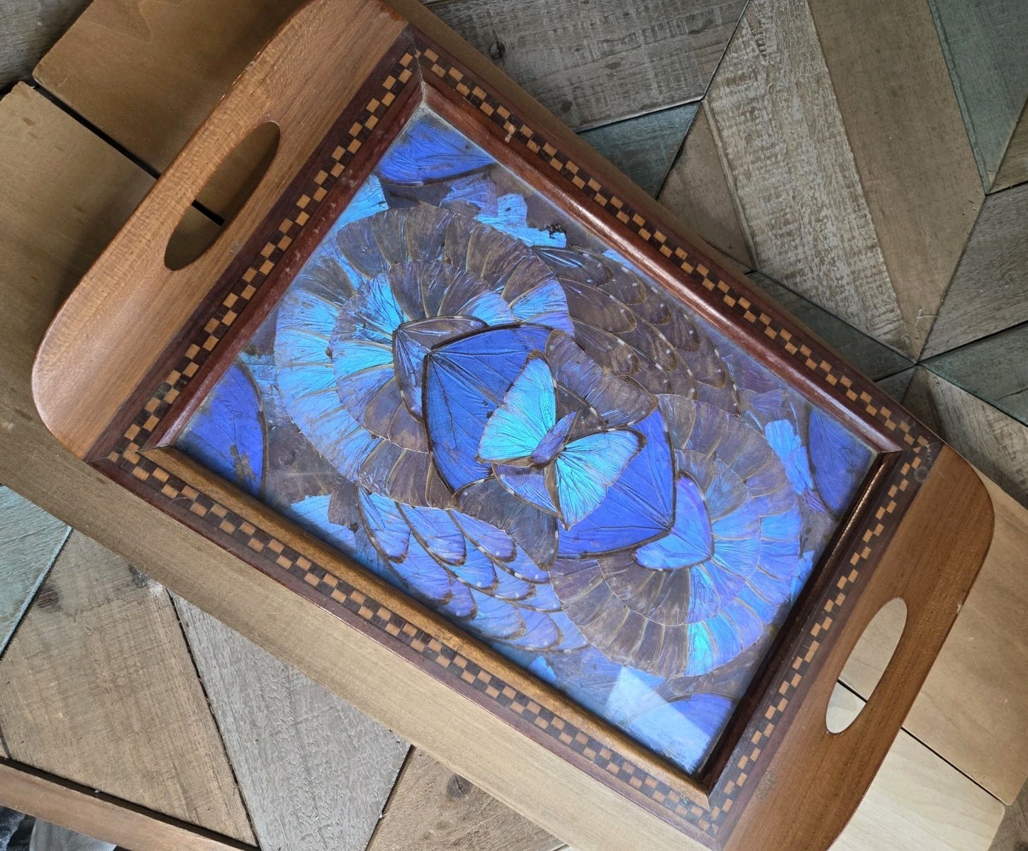 VTG MCM Brazilian Butterfly Wing Inlaid Wood Serving Tray 16.5" x 9.5" Blue VTG MCM Brazilian Butterfly Wing Inlaid Wood Serving Tray 16.5" x 9.5" Blue