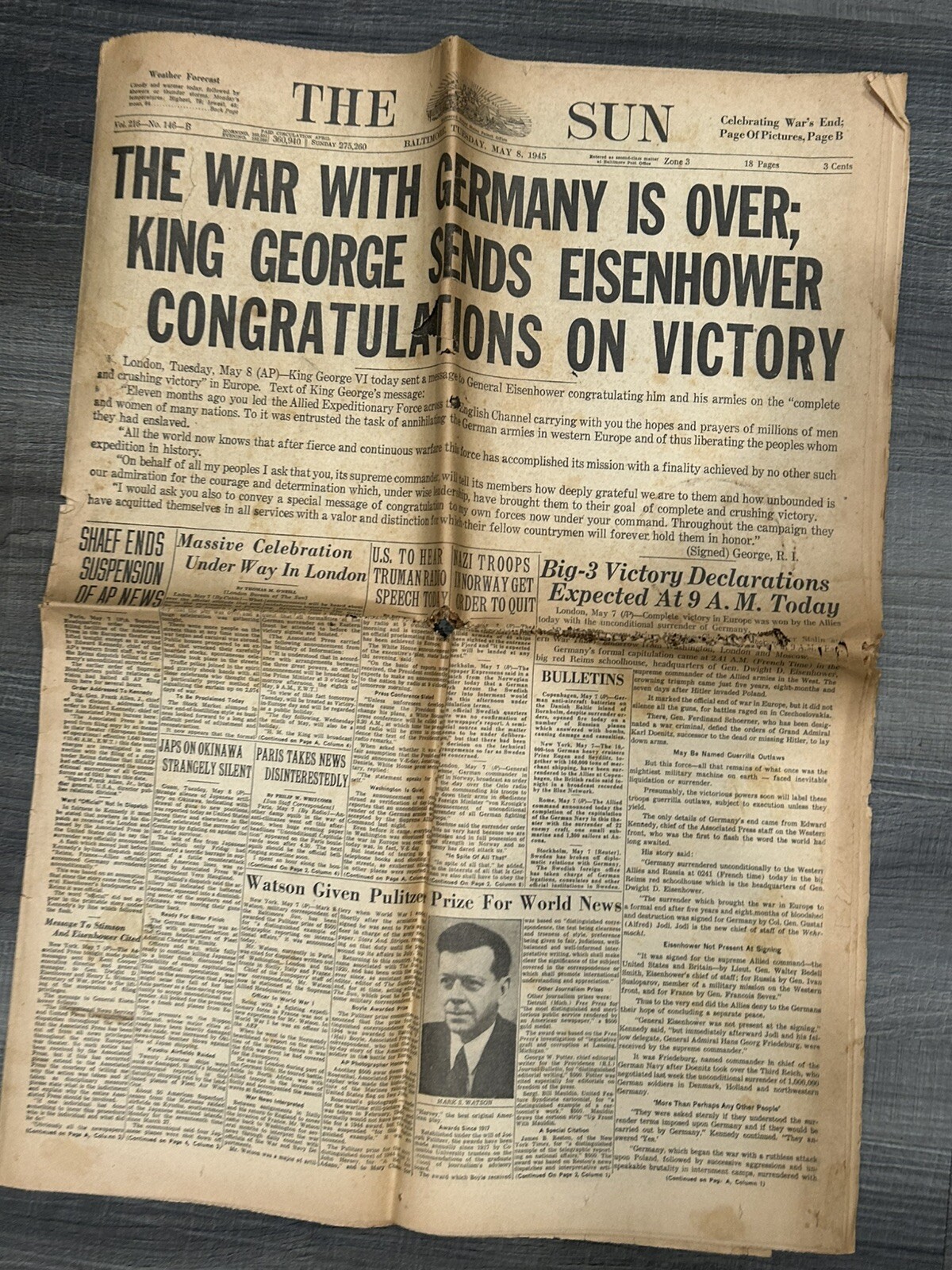 Baltimore Sun Newspaper May 8 1945 The War With Germany Is Over WWII Baltimore Sun Newspaper May 8 1945 The War With Germany Is Over WWII