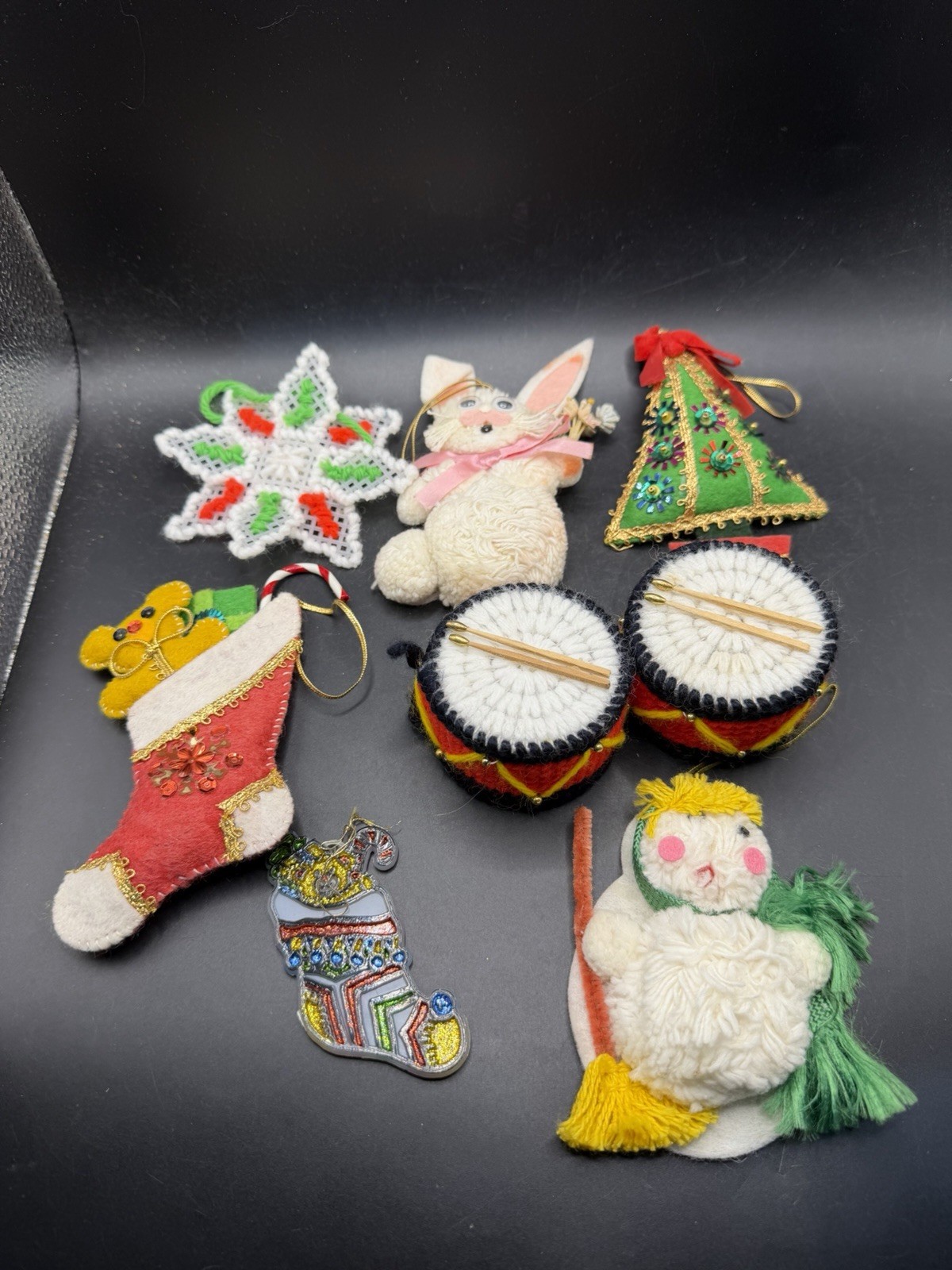 Vintage Handmade Christmas Ornaments Lot Felt Yarn Drums Bunny Tree Stocking 