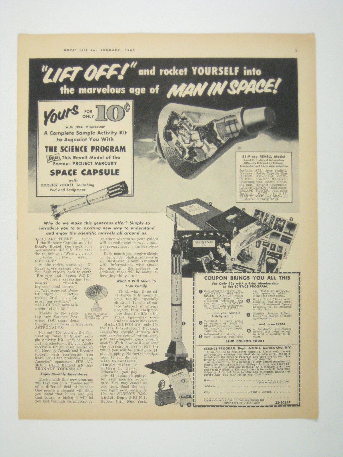 Revell Project Mercury Space Capsule Advertisement Print January 1963 Revell Project Mercury Space Capsule Advertisement Print January 1963