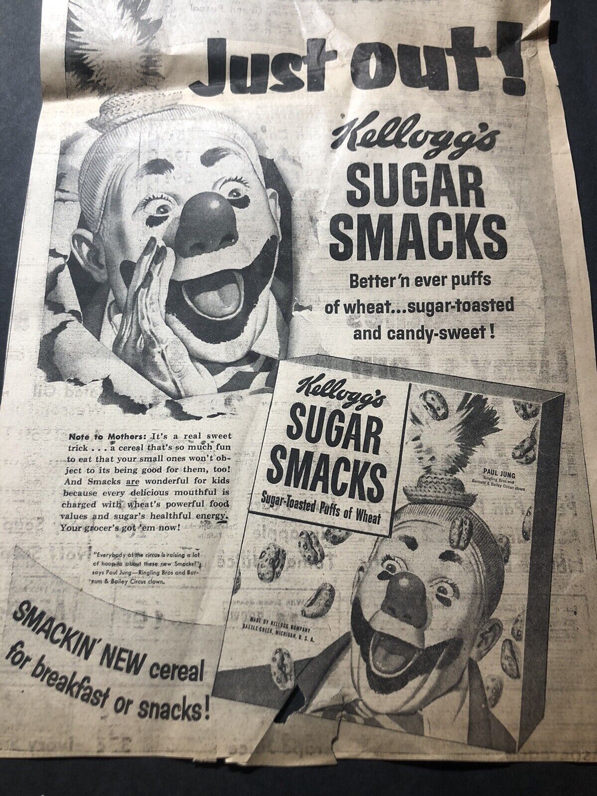 1953 “NEW Kellogg’s Sugar Smacks” Paul Jung Ringling Circus Newspaper Clipping