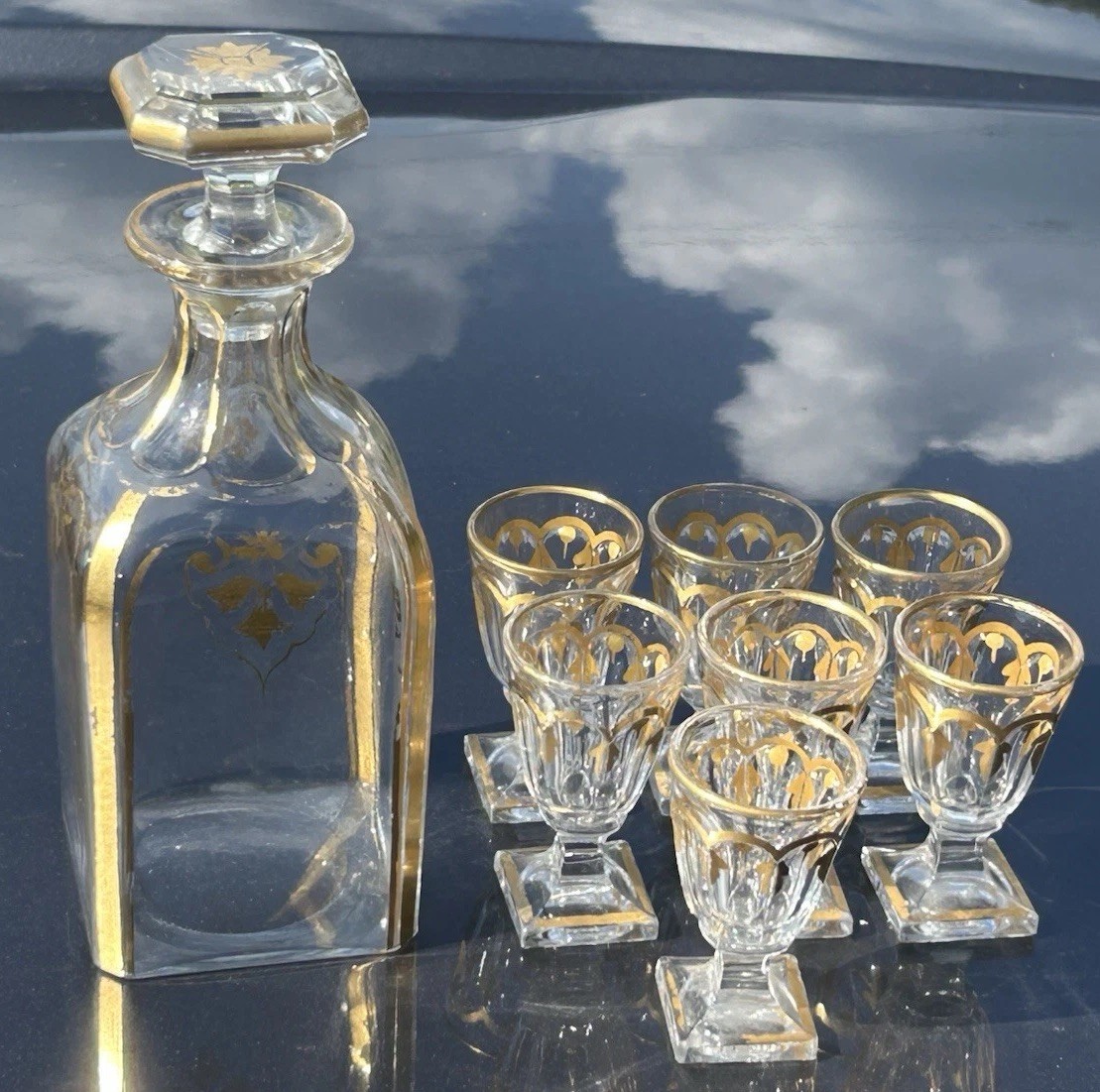 Antique Baccarat Mid 19th Century Decanter & 7 Liquor Glasses Gold Gilded Blown Antique Baccarat Mid 19th Century Decanter & 7 Liquor Glasses Gold Gilded Blown