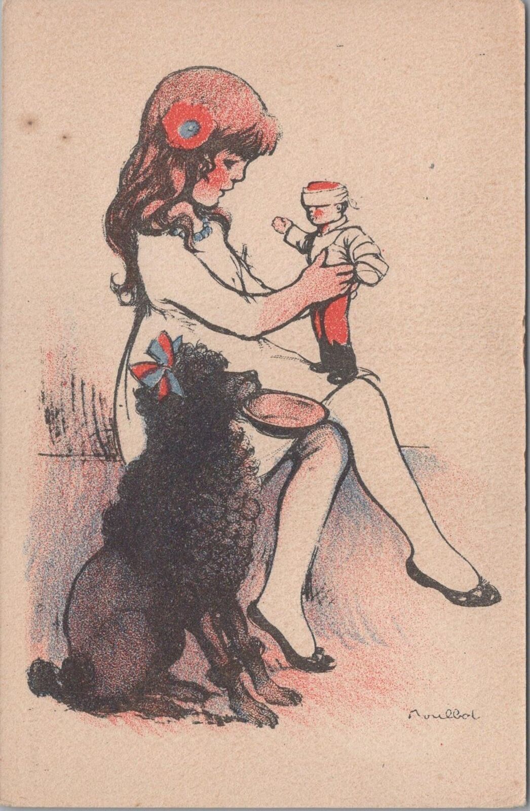 Artist Signed Postcard Poulbot Little Girl Playing with Dog + Doll