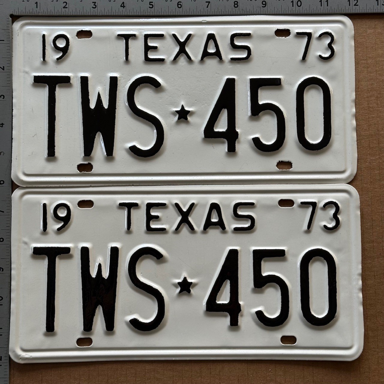 1973 Texas license plate pair TWS-450 YOM DMV Ford Chevy Dodge 23238