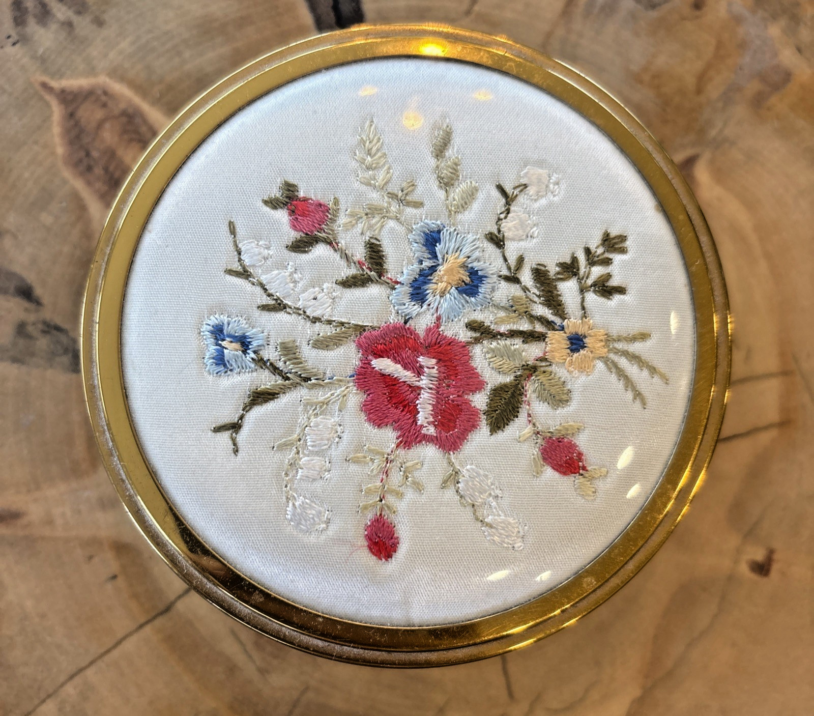 Vtg Floral Embroidered Gold trinket Box Petit Point Cottagecore Coquette