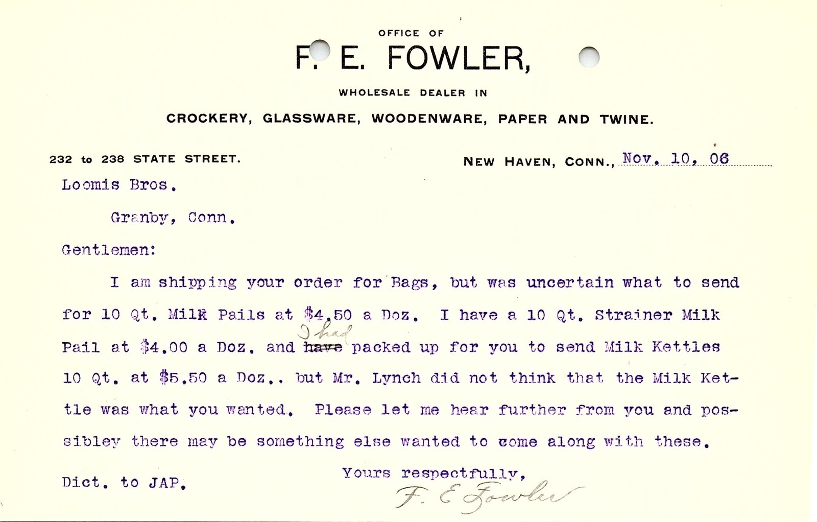 1906 F.E. Fowler (New Haven, CT) Milk Pails Billhead/Letterh 1906 F.E. Fowler (New Haven, CT) Milk Pails Billhead/Letterh