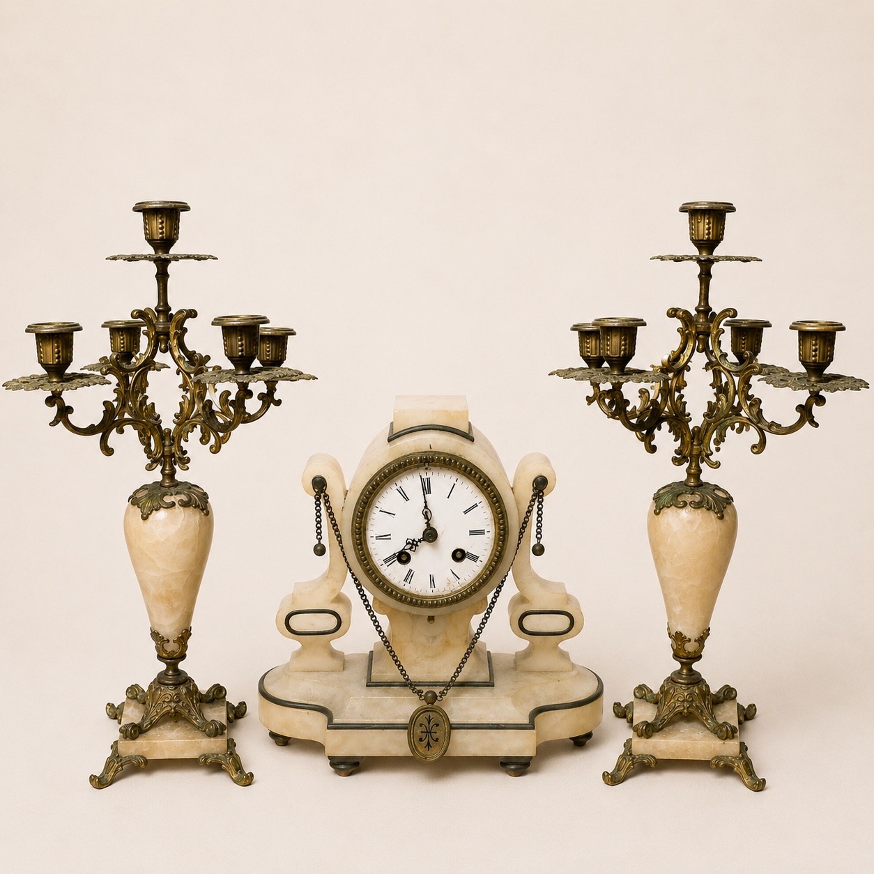 Antique French Alabaster Clock Garniture Candelabra 3 Pc Set 19th Century RR Antique French Alabaster Clock Garniture Candelabra 3 Pc Set 19th Century RR
