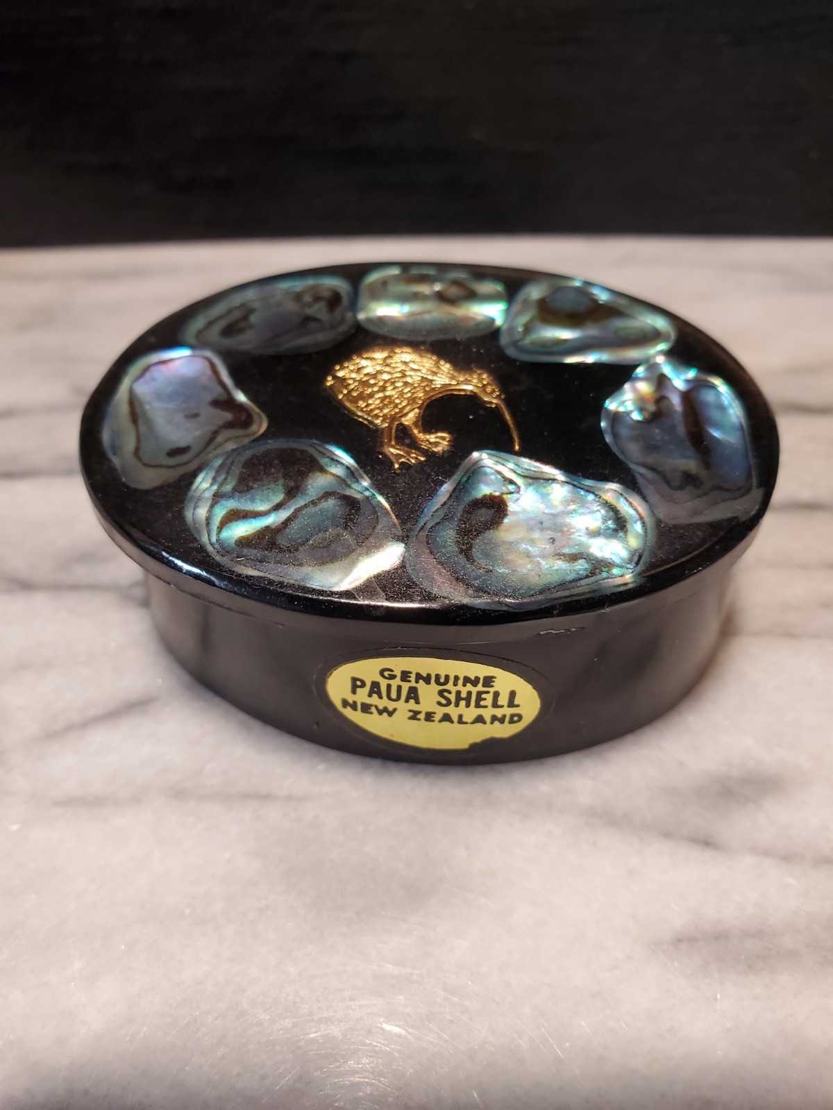 Vintage New Zealand Genuine Paua Shell Lidded Oval Trinket Box - Gold Kiwi Bird
