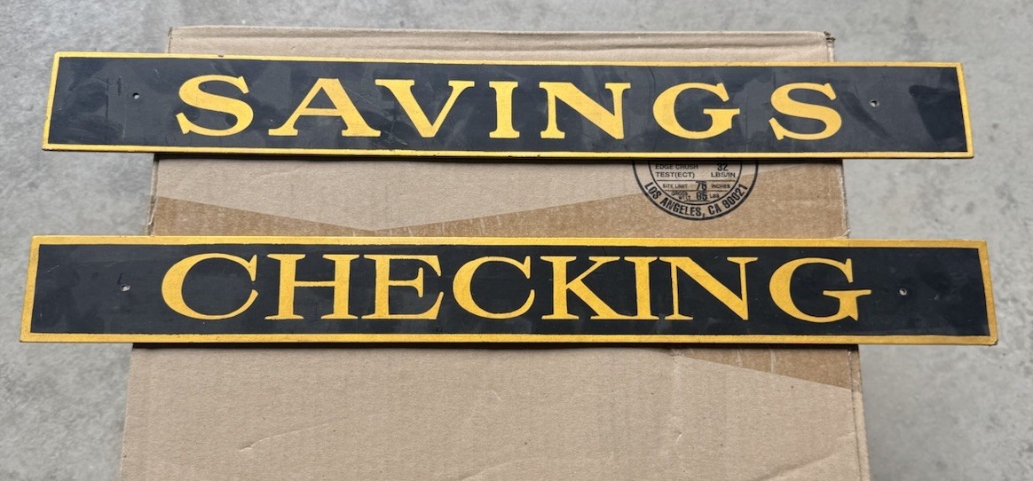 Rare Vintage Original Painted Masonite Checking And Savings Bank 22” Gas Signs