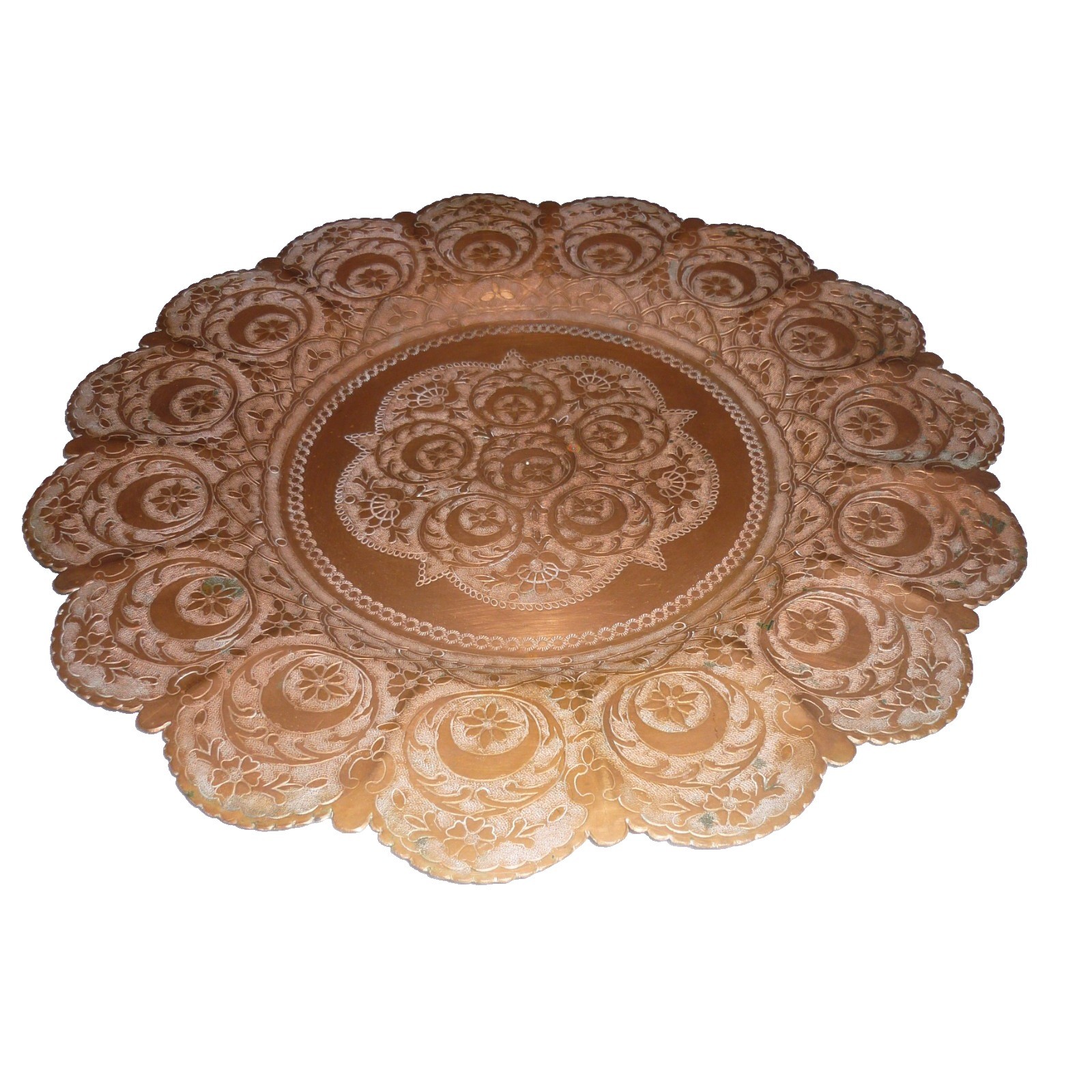 Vintage Hand Hammered Etched Copper Plate Floral Moon Star Scalloped 12 Inch Vintage Hand Hammered Etched Copper Plate Floral Moon Star Scalloped 12 Inch