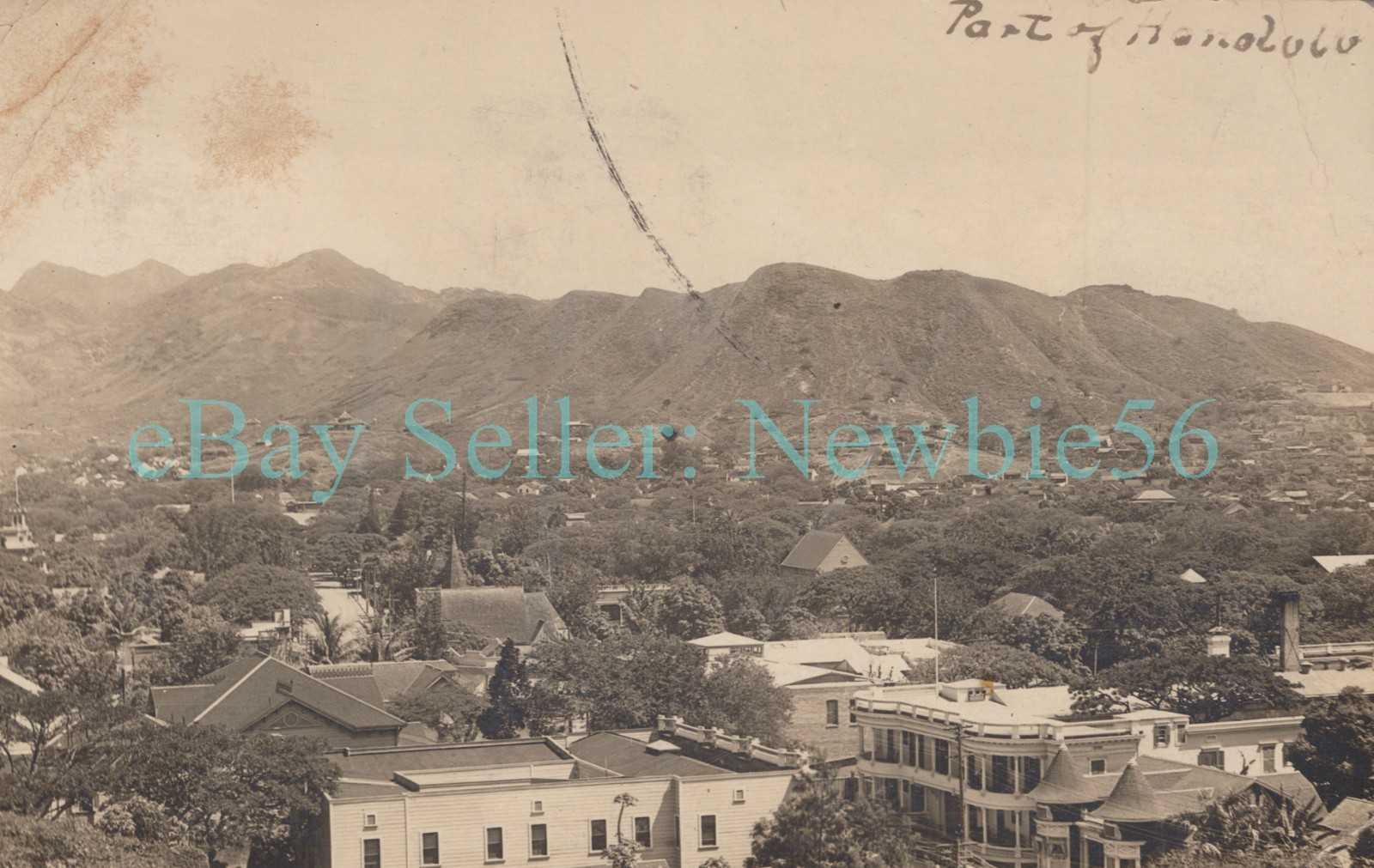 Honolulu HI Hawaii - BIRDSEYE VIEW TO MOUNTAINS - RPPC Postcard 1910s