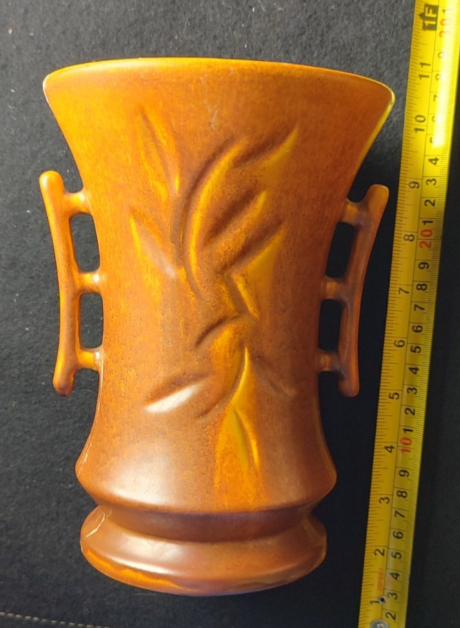 Vintage Orange/Brown Pottery Vase Double-Handled Plant Carving (McCoy?)  - AS-IS