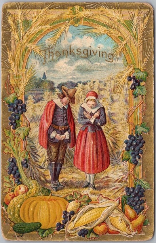 c1910s THANKSGIVING Embossed Postcard Pilgrim Man & Woman Praying in Corn Field c1910s THANKSGIVING Embossed Postcard Pilgrim Man & Woman Praying in Corn Field