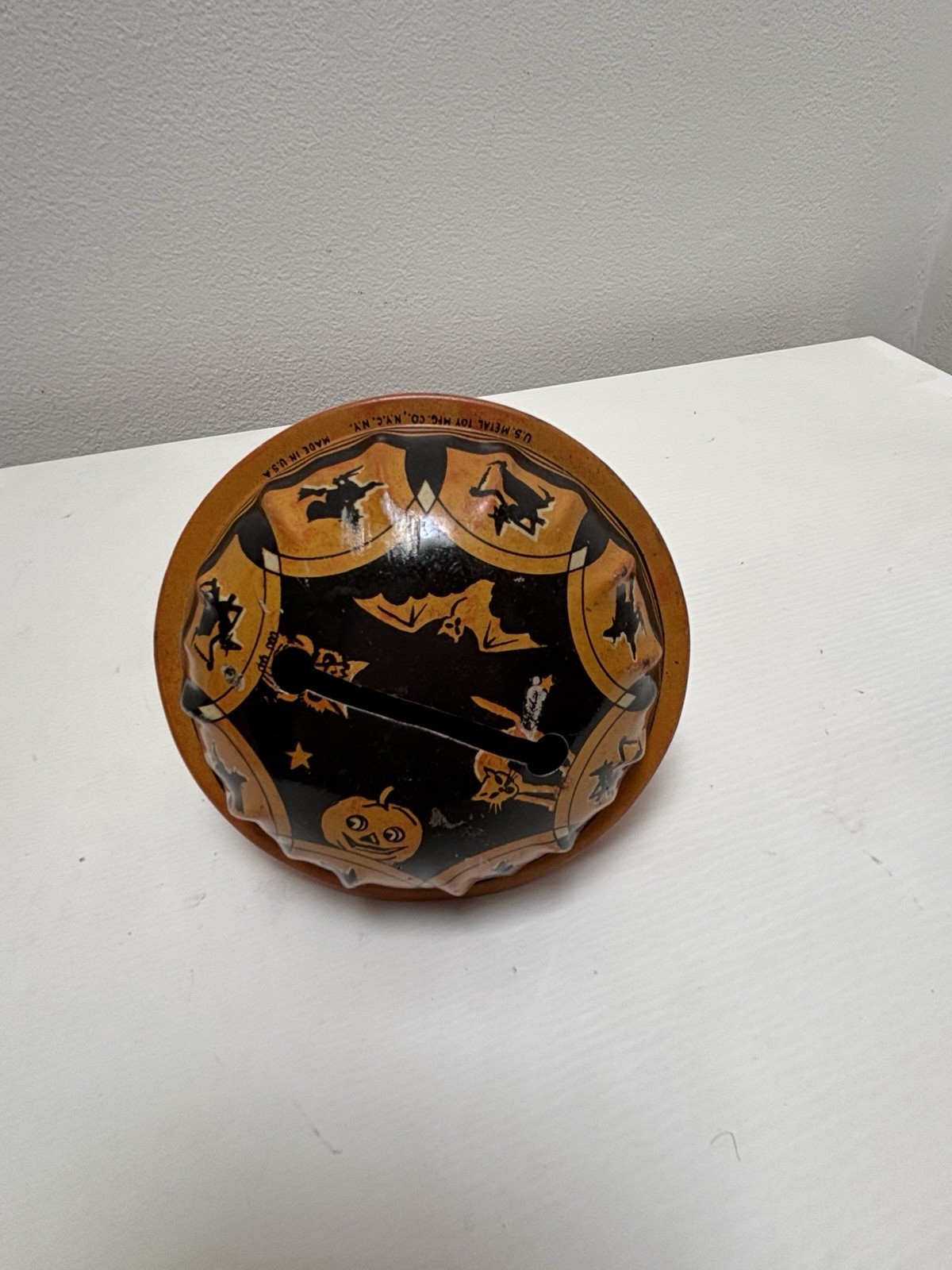 Vintage 1940s U.S. Metal Toy Mfg. Co. Tin Litho Rattle Noisemaker Cat Witches Vintage 1940s U.S. Metal Toy Mfg. Co. Tin Litho Rattle Noisemaker Cat Witches