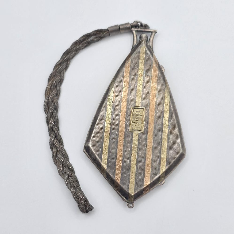 Antique James E JE Blake Sterling Silver & 14K Gold Striped Art Deco Compact Antique James E JE Blake Sterling Silver & 14K Gold Striped Art Deco Compact