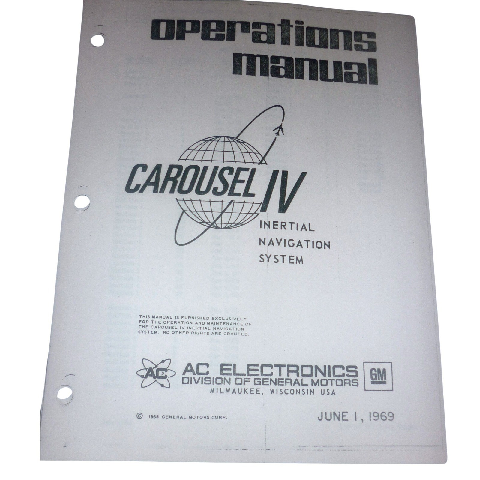 Vintage 1969 AC Electronics GM Carousel IV Inertial Navigation Operations Manual Vintage 1969 AC Electronics GM Carousel IV Inertial Navigation Operations Manual