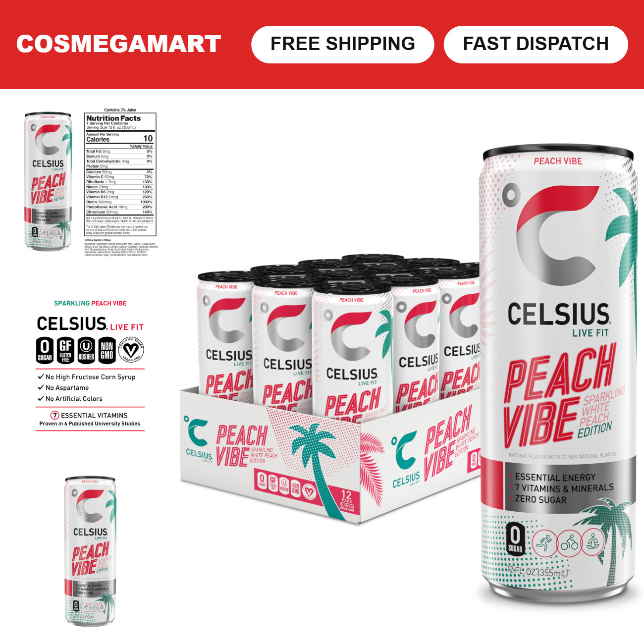 Sugar-Free Sparkling White Peach Energy Drink, 12 Fl Oz, Pack of 12 Cans