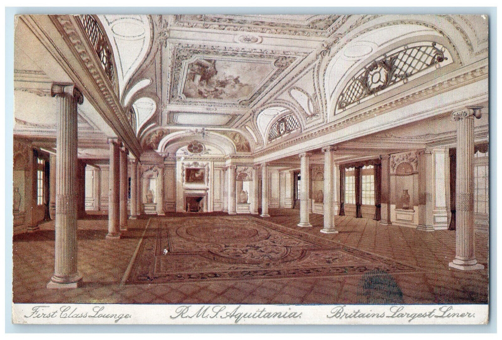 c1910 First Class Lounge RMS Aquitania Britains Largest Liner Unposted Postcard