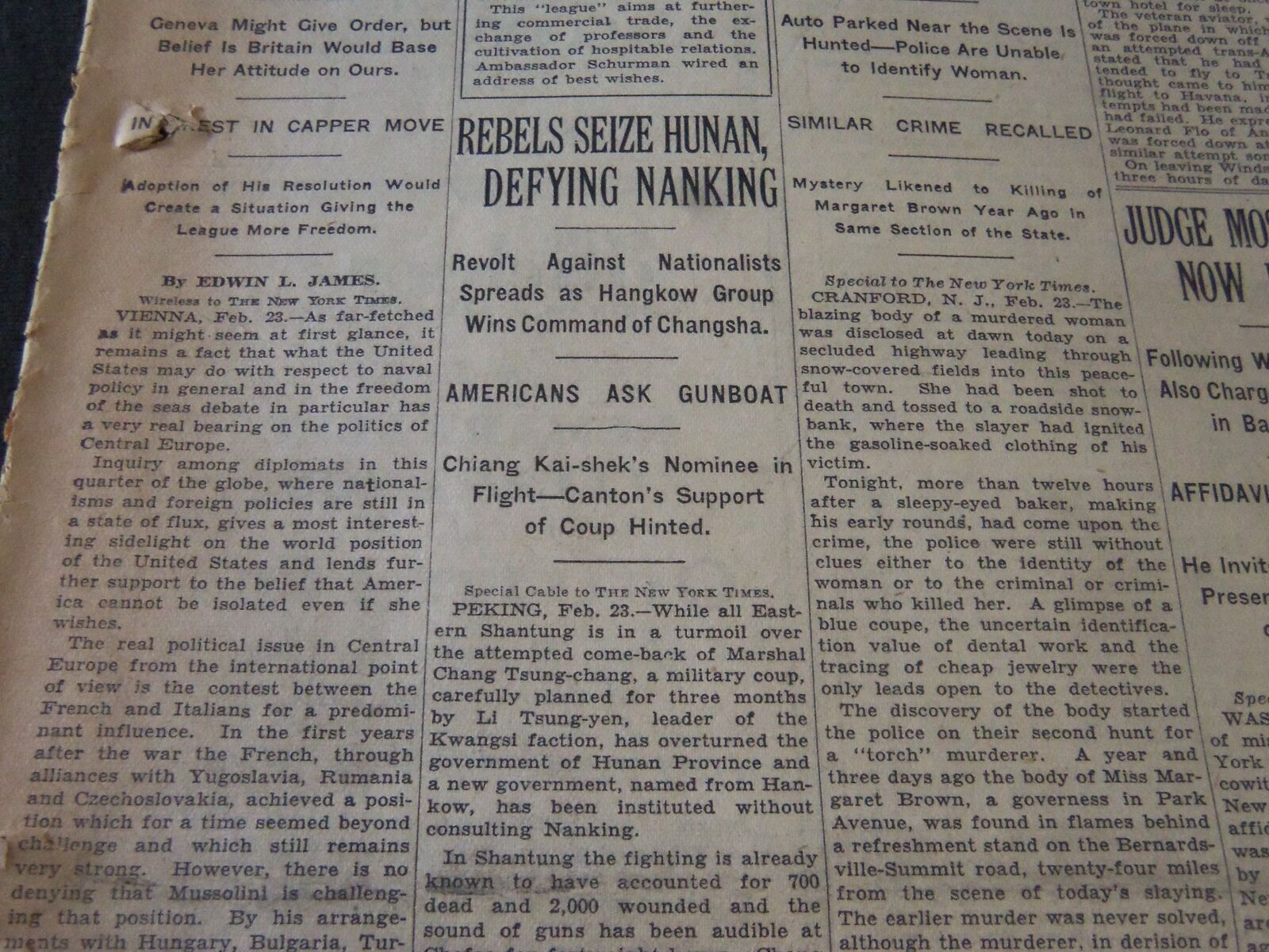 1929 FEBRUARY 24 NEW YORK TIMES - REBEL SEIZE HUNAN DEFYING NANKING - NT 6617