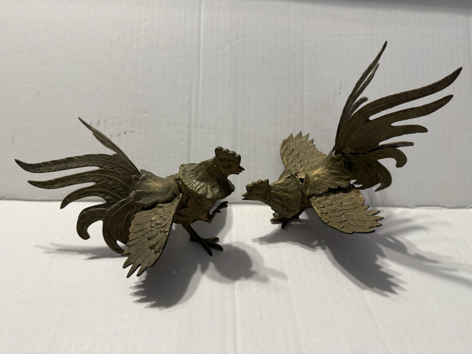 Vintage Pair of Brass Fighting Cocks -Roosters MCM Figures w/ patina Vintage Pair of Brass Fighting Cocks -Roosters MCM Figures w/ patina