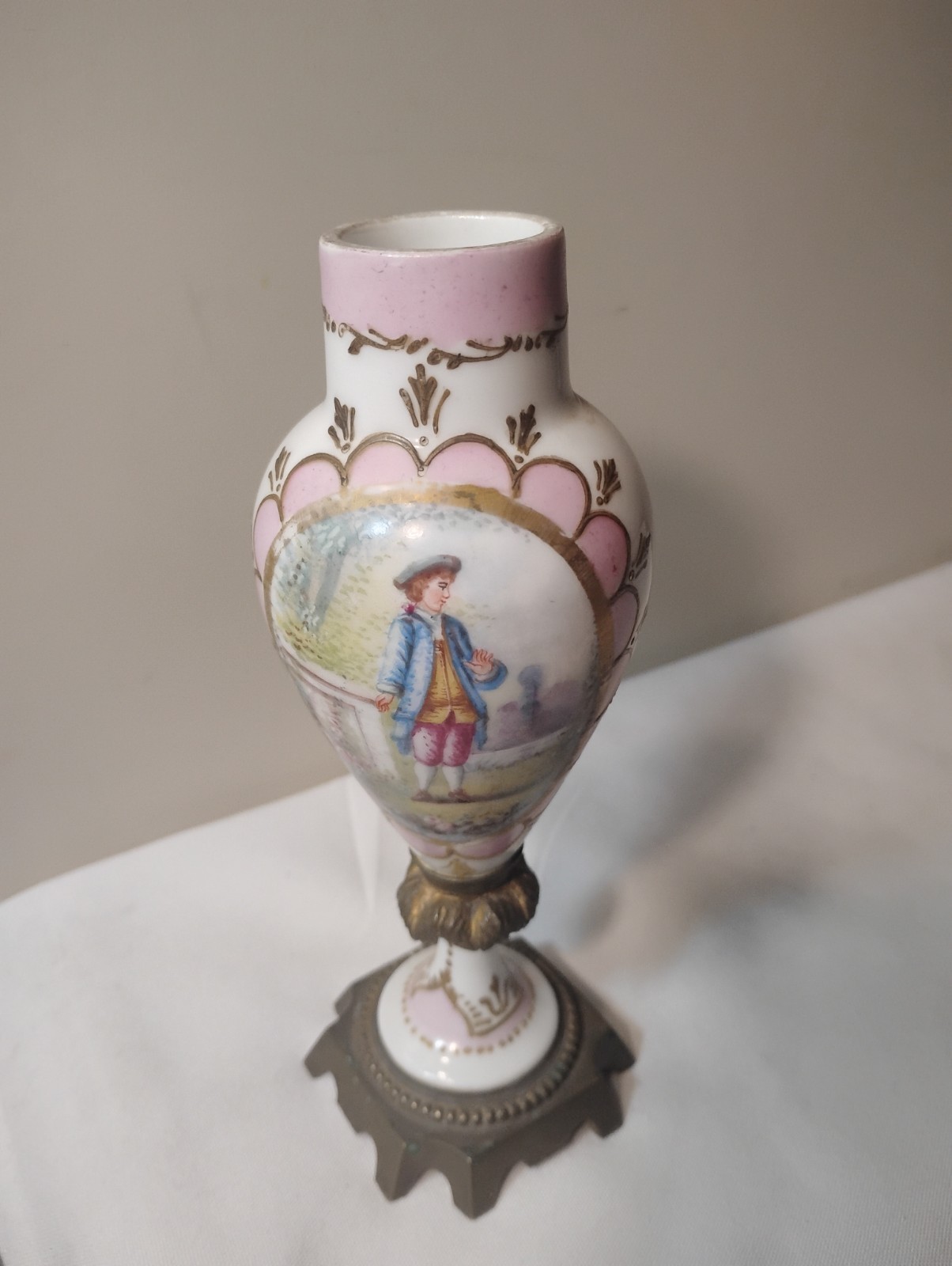 Antique Sevres Porcelain Hd/Ptd Portrait & Floral Vase 7"T Ormolu Base & Collar Antique Sevres Porcelain Hd/Ptd Portrait & Floral Vase 7"T Ormolu Base & Collar