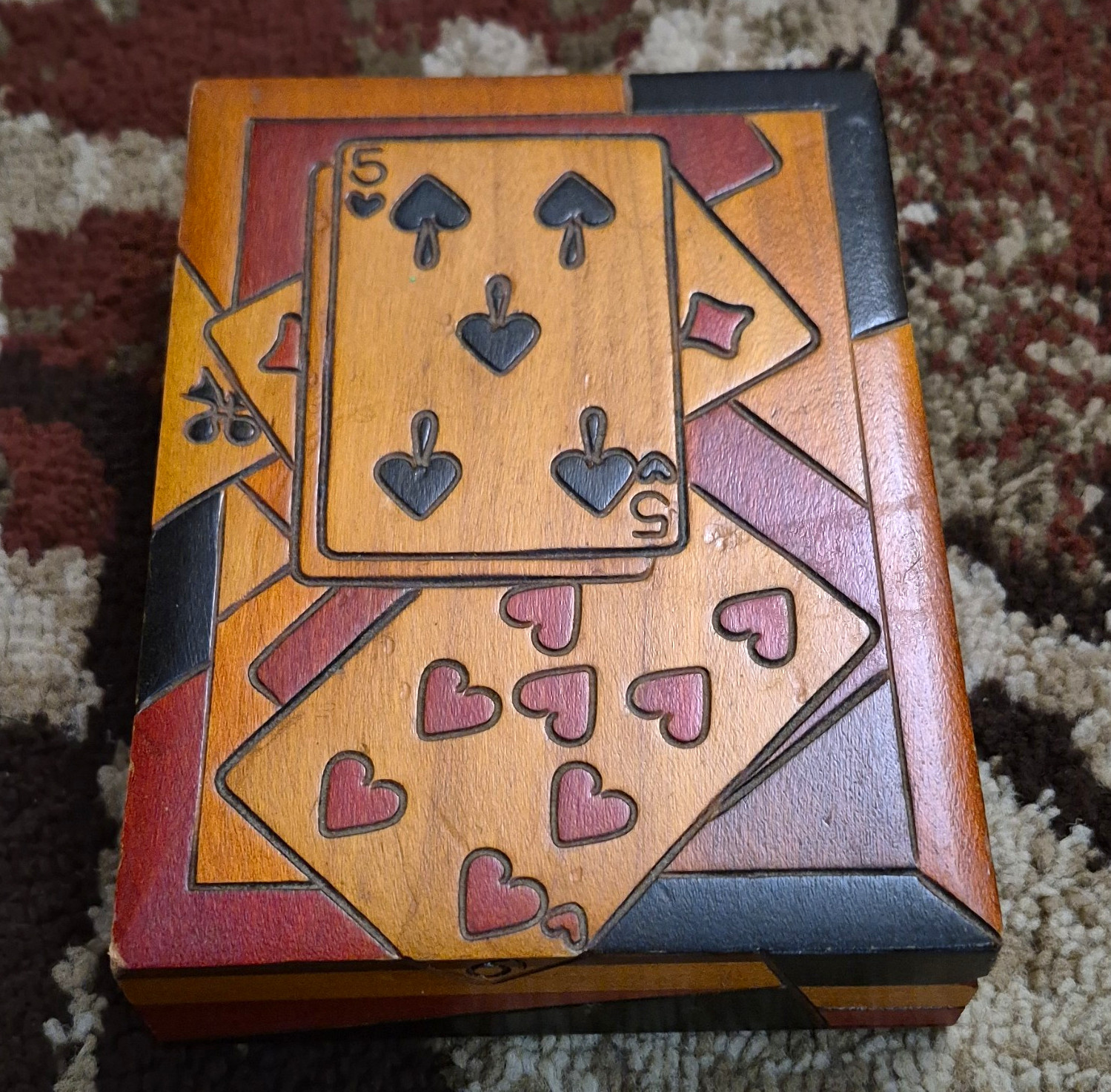 Vintage Hand Carved And Painted Wood Playing Cards Gambling Theme Box