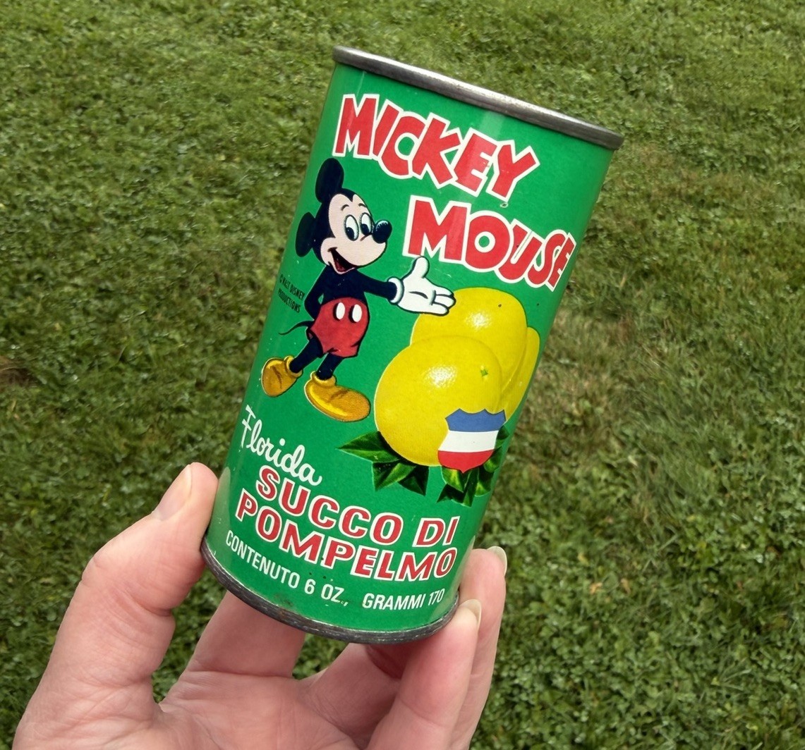 Vintage Italian Mickey Mouse Succo Di Pompelmo Juice Soda Steel Can Bank RARE