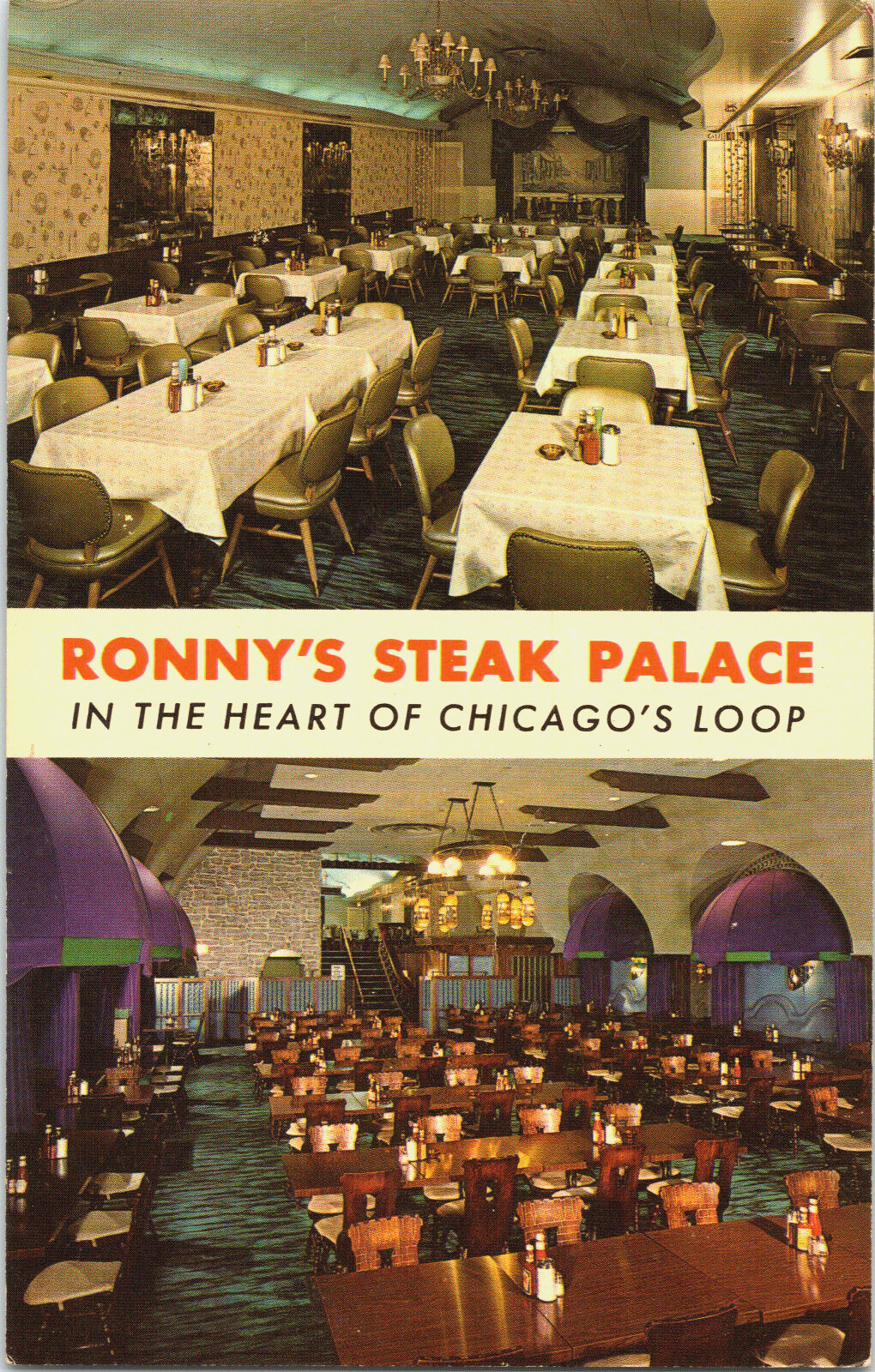 Vintage Chicago IL Postcard Ronny's Steak Palace Resturant Building Randolph St
