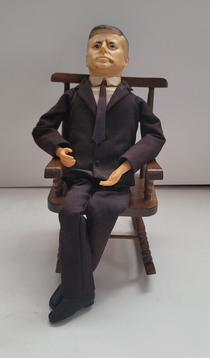 President John F. Kennedy wire doll in wooden rocking chair. Vintage collectable